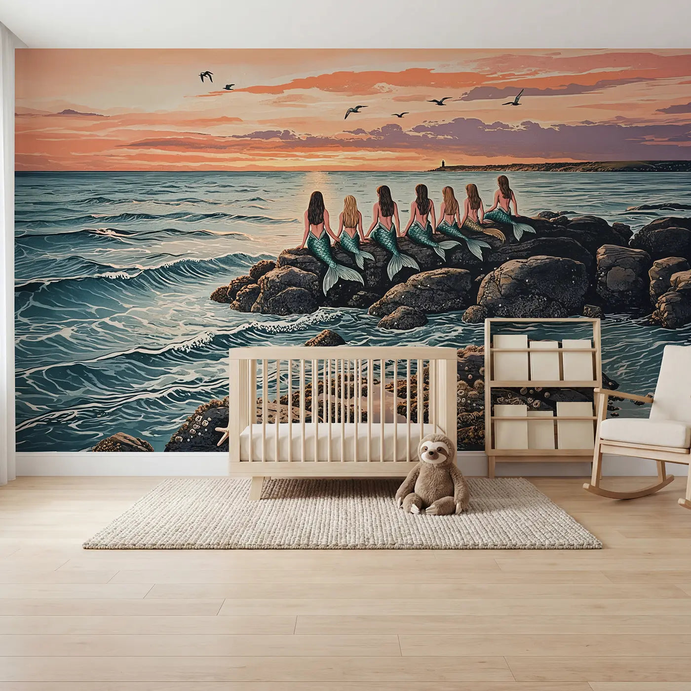 Block print mermaids watching sunset wallpaper mural for nursery by Whimsy Tots