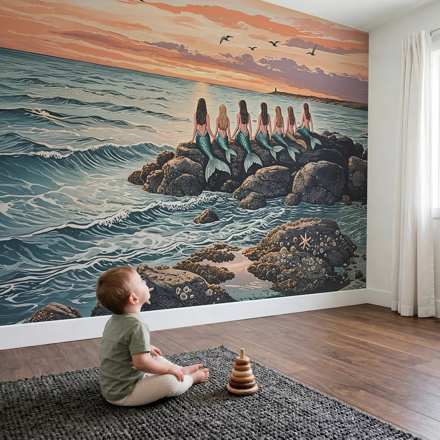 Child in nursery with Mermaids Watching Sunset Wallpaper Mural by Whimsy Tots