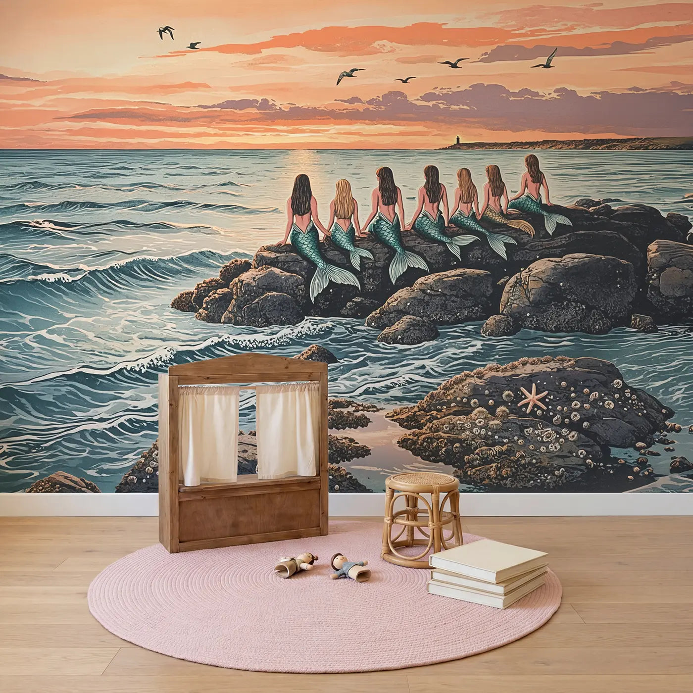 Mermaids Watching Sunset Wallpaper Mural in playroom setting by Whimsy Tots