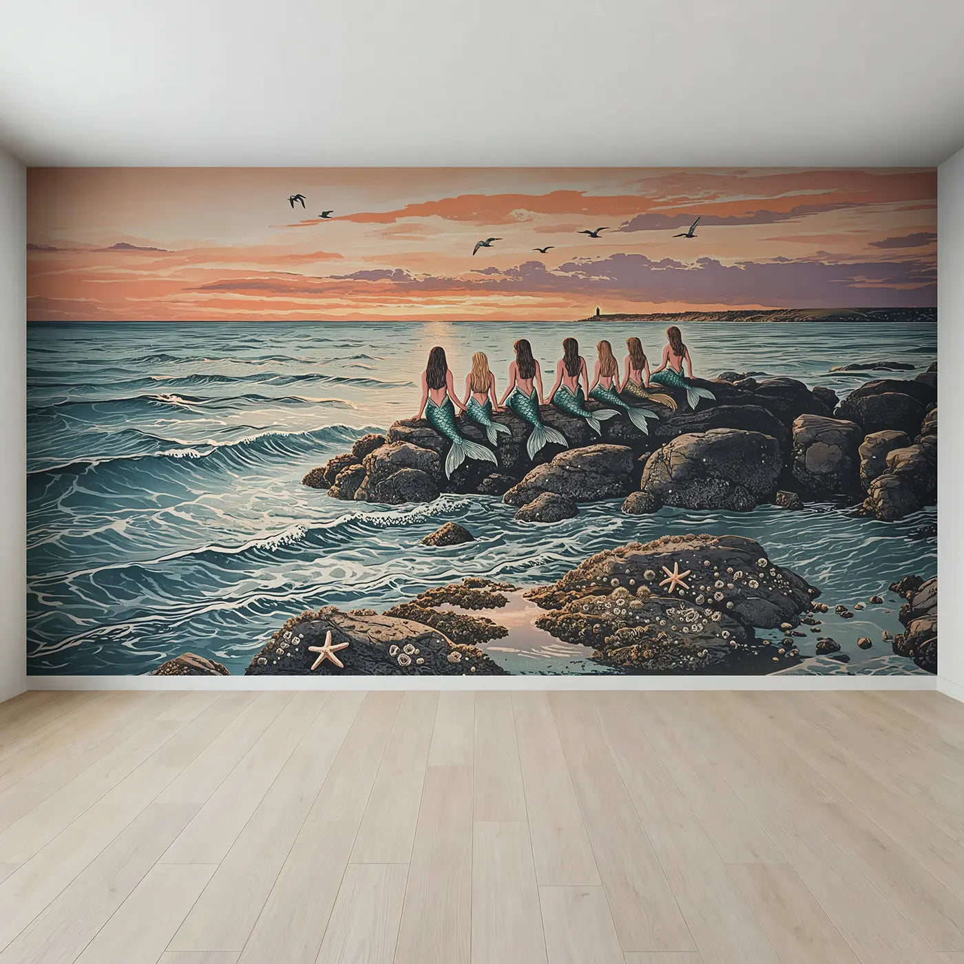Full view of Mermaids Watching Sunset Wallpaper Mural by Whimsy Tots