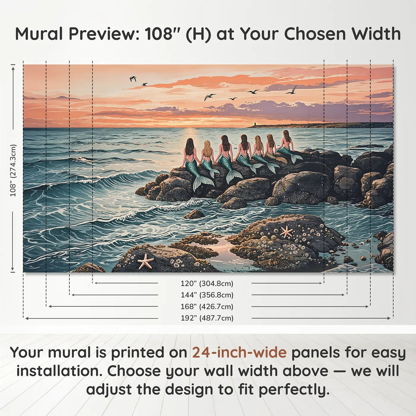 Panel layout and dimensions for Mermaids Watching Sunset Wallpaper Mural by Whimsy Tots