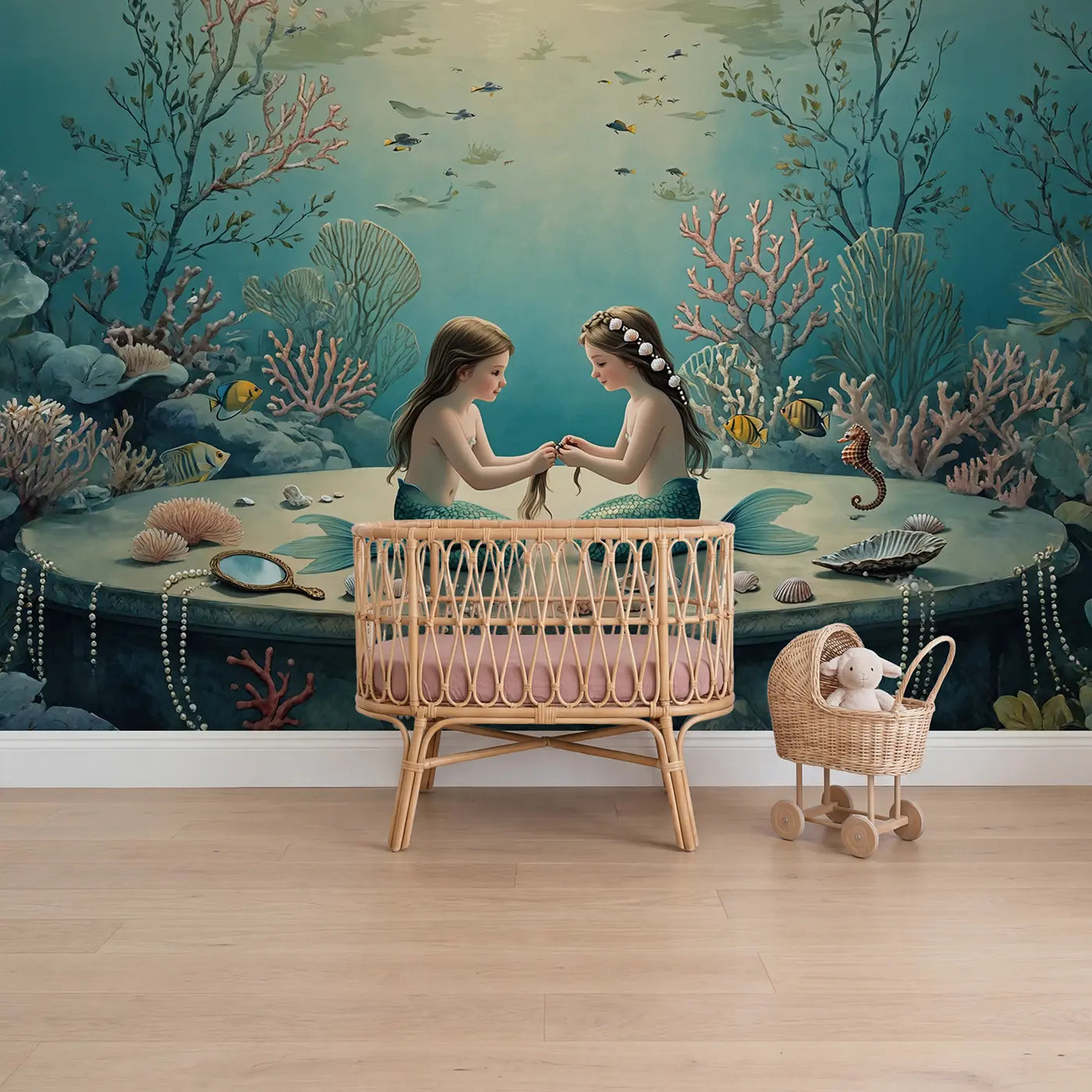 Botanical elegance mermaid fantasy wallpaper mural for nursery by Whimsy Tots