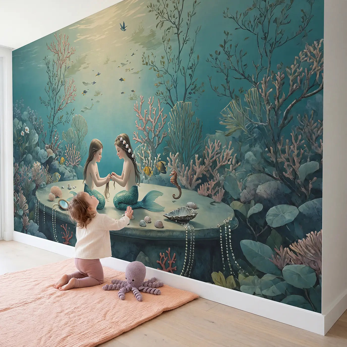 Child in nursery with Mermaid Sisters Coral Ledge Wallpaper Mural by Whimsy Tots