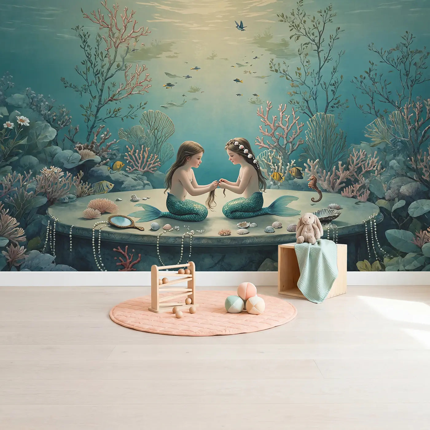 Mermaid Sisters Coral Ledge Wallpaper Mural in playroom setting by Whimsy Tots