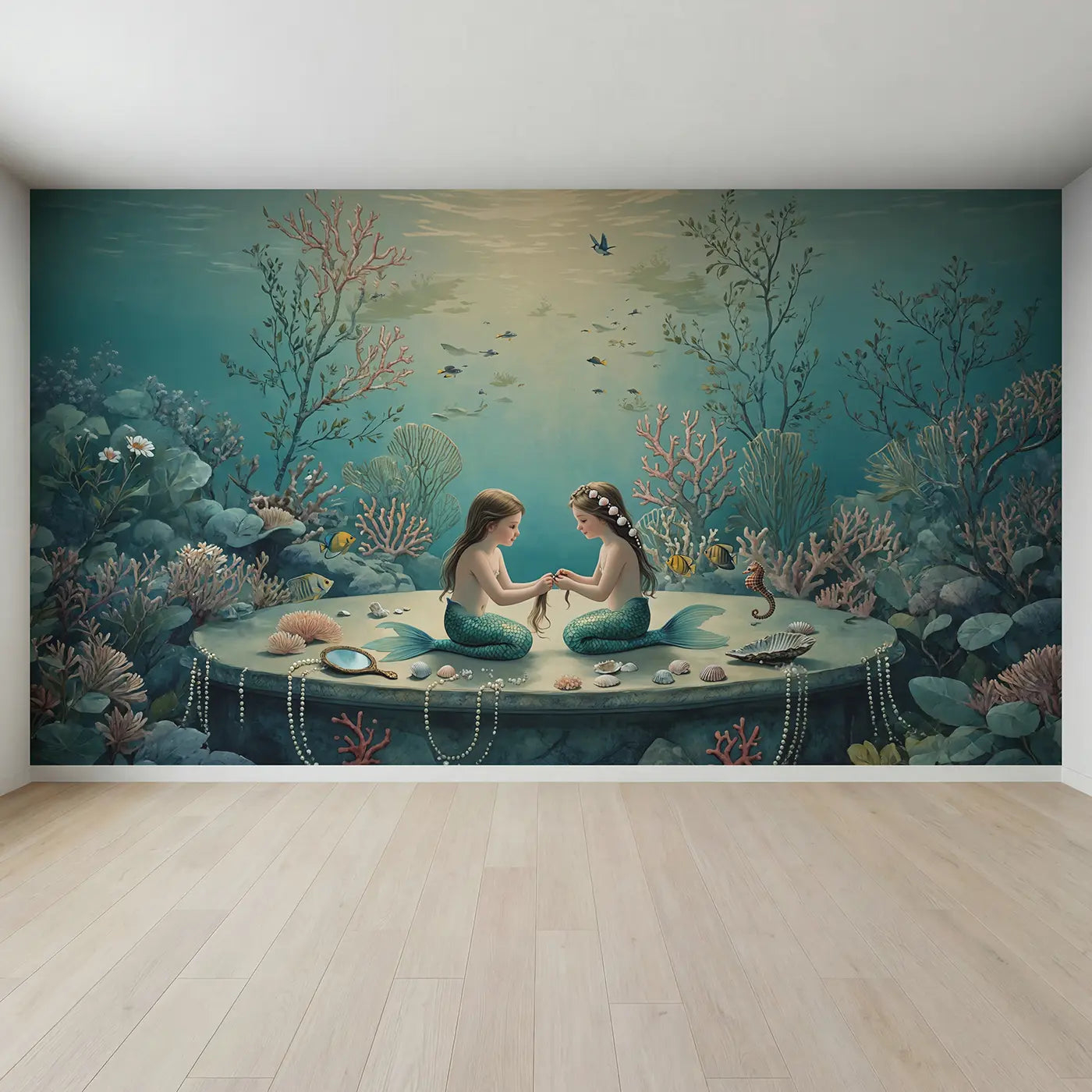 Full view of Mermaid Sisters Coral Ledge Wallpaper Mural by Whimsy Tots