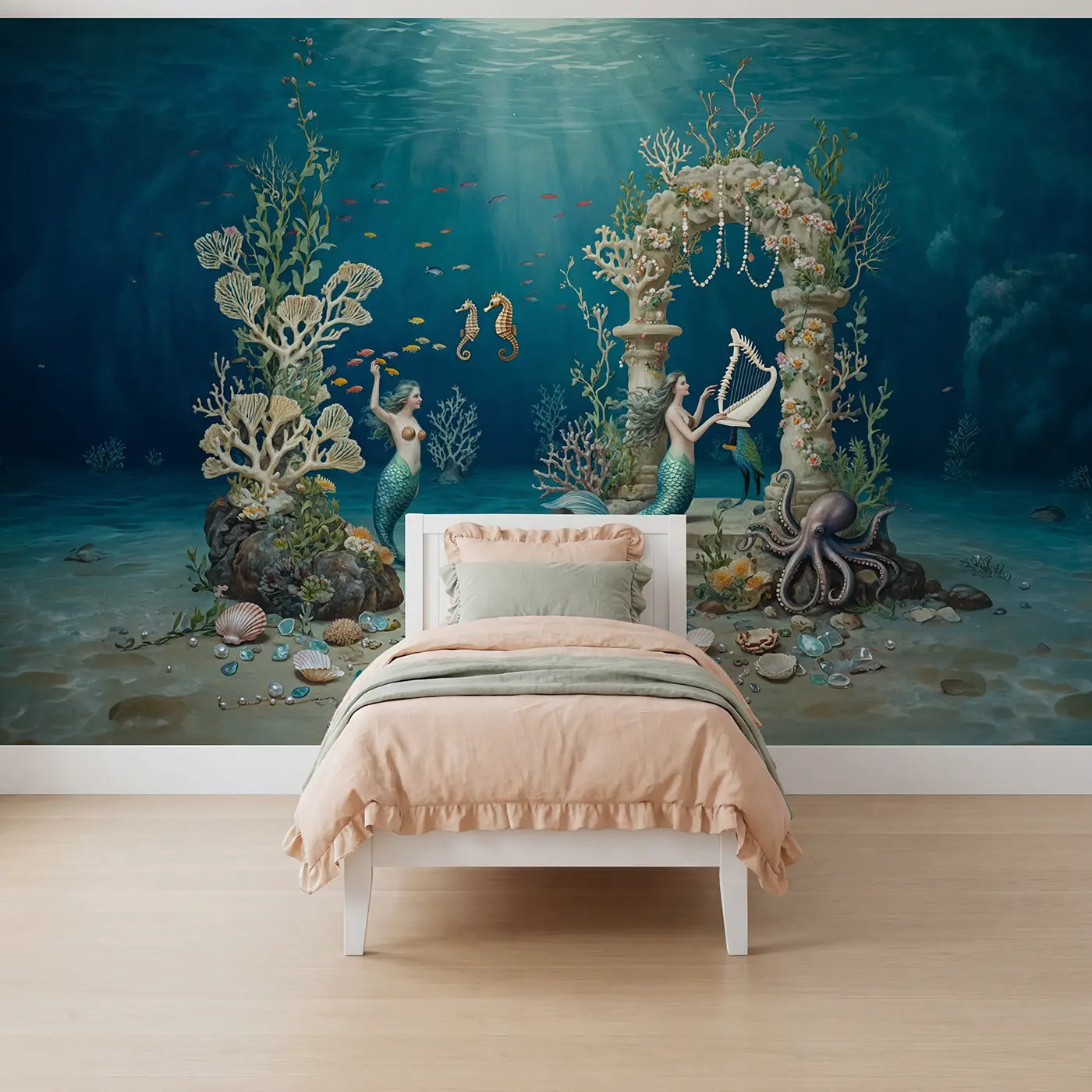 Botanical elegance mermaid coral garden wallpaper mural for girls room by Whimsy Tots
