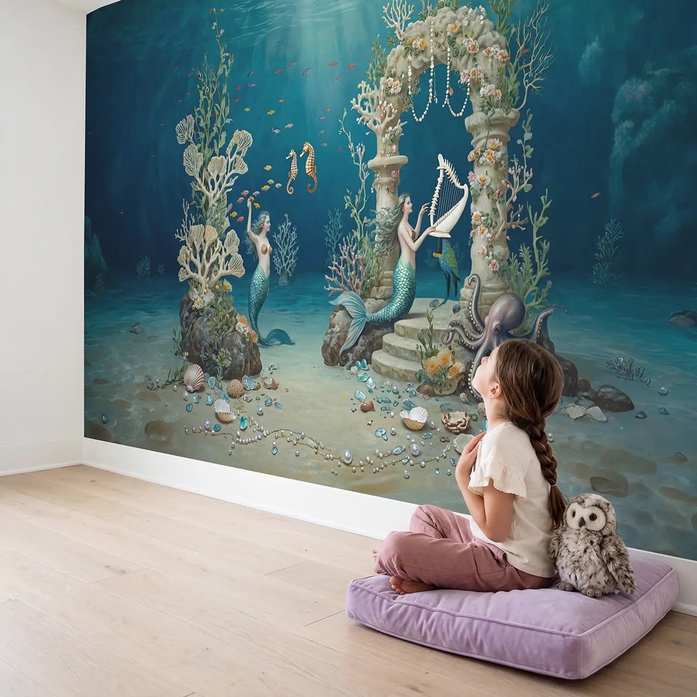 Child in nursery with Mermaid Coral Garden Party Wallpaper Mural by Whimsy Tots