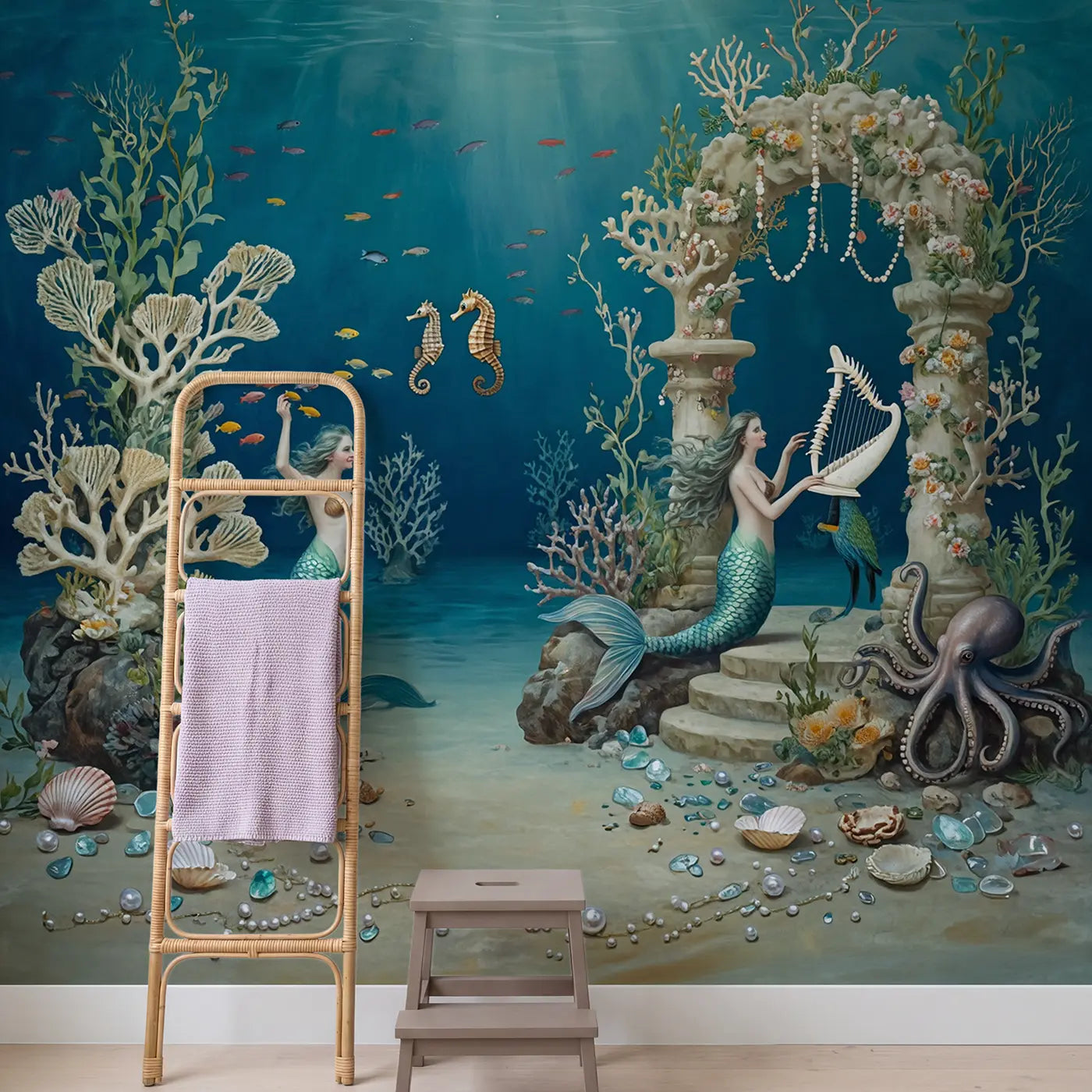 Mermaid Coral Garden Party Wallpaper Mural in playroom setting by Whimsy Tots