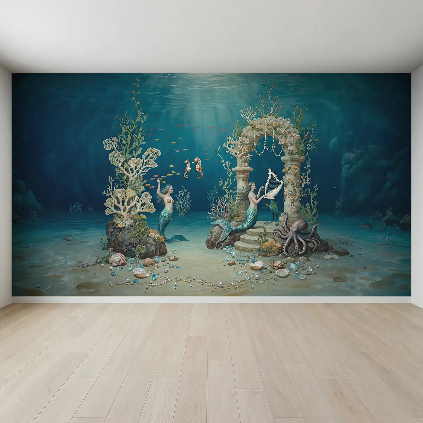 Full view of Mermaid Coral Garden Party Wallpaper Mural by Whimsy Tots