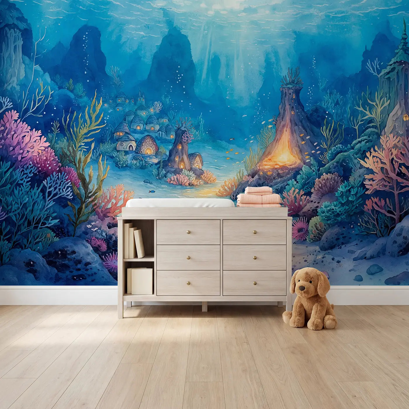 Watercolor mermaid underwater volcano coral wallpaper mural for girls room by Whimsy Tots