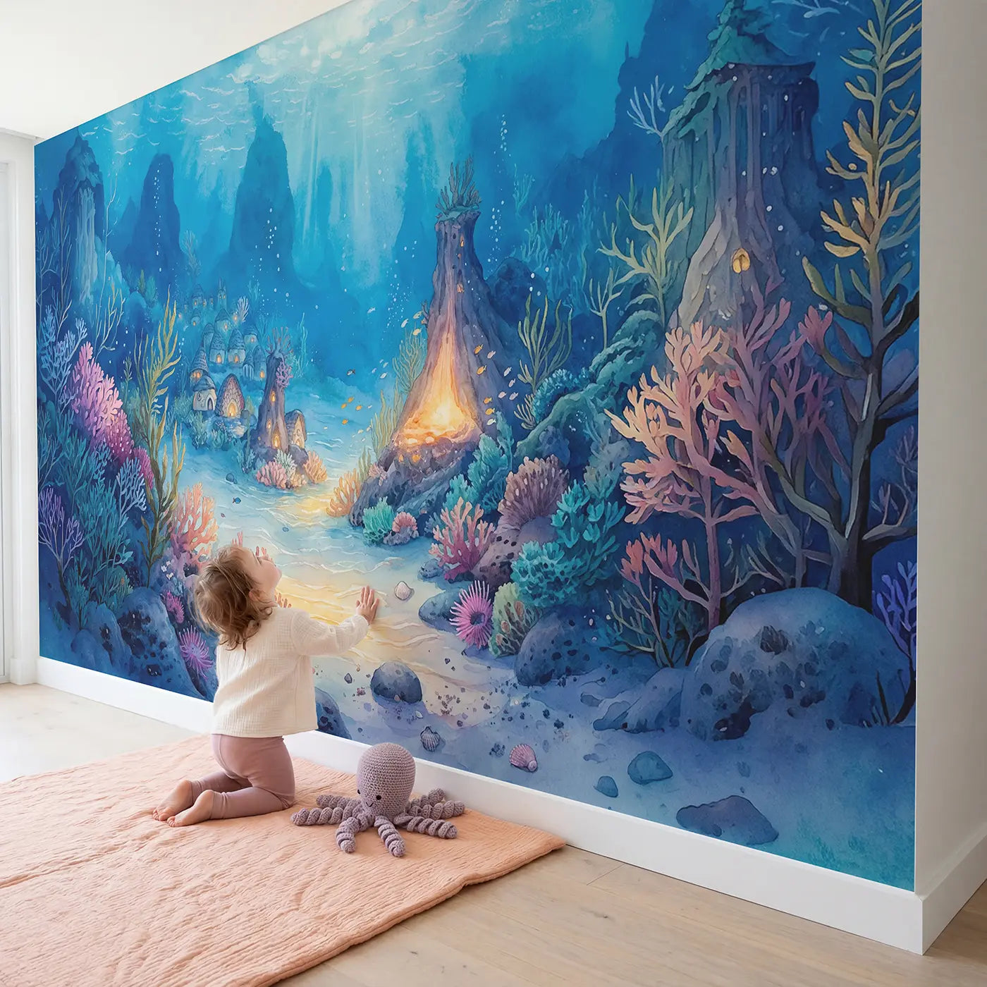Child in nursery with Underwater Volcano Mermaid Wallpaper Mural by Whimsy Tots
