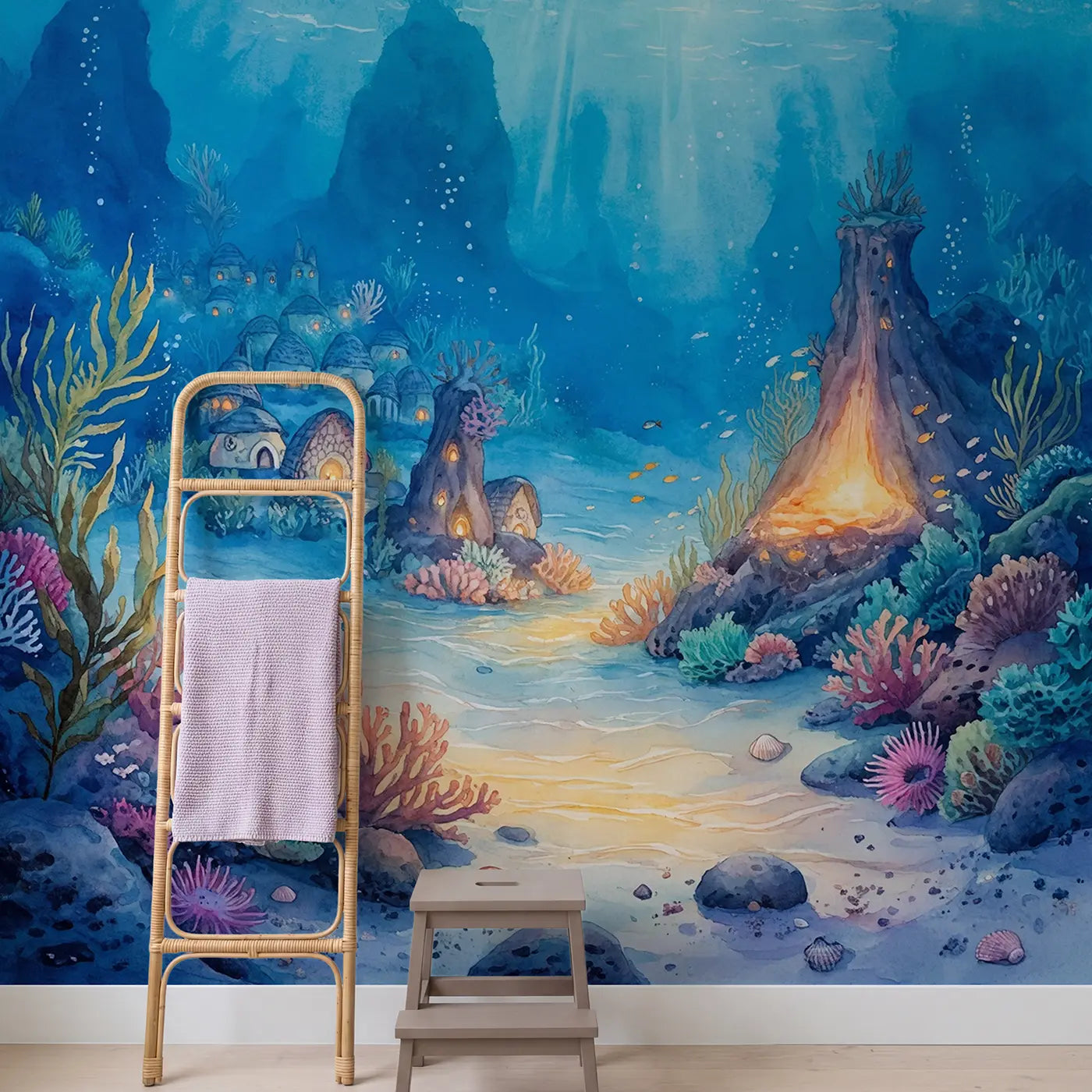 Underwater Volcano Mermaid Wallpaper Mural in playroom setting by Whimsy Tots
