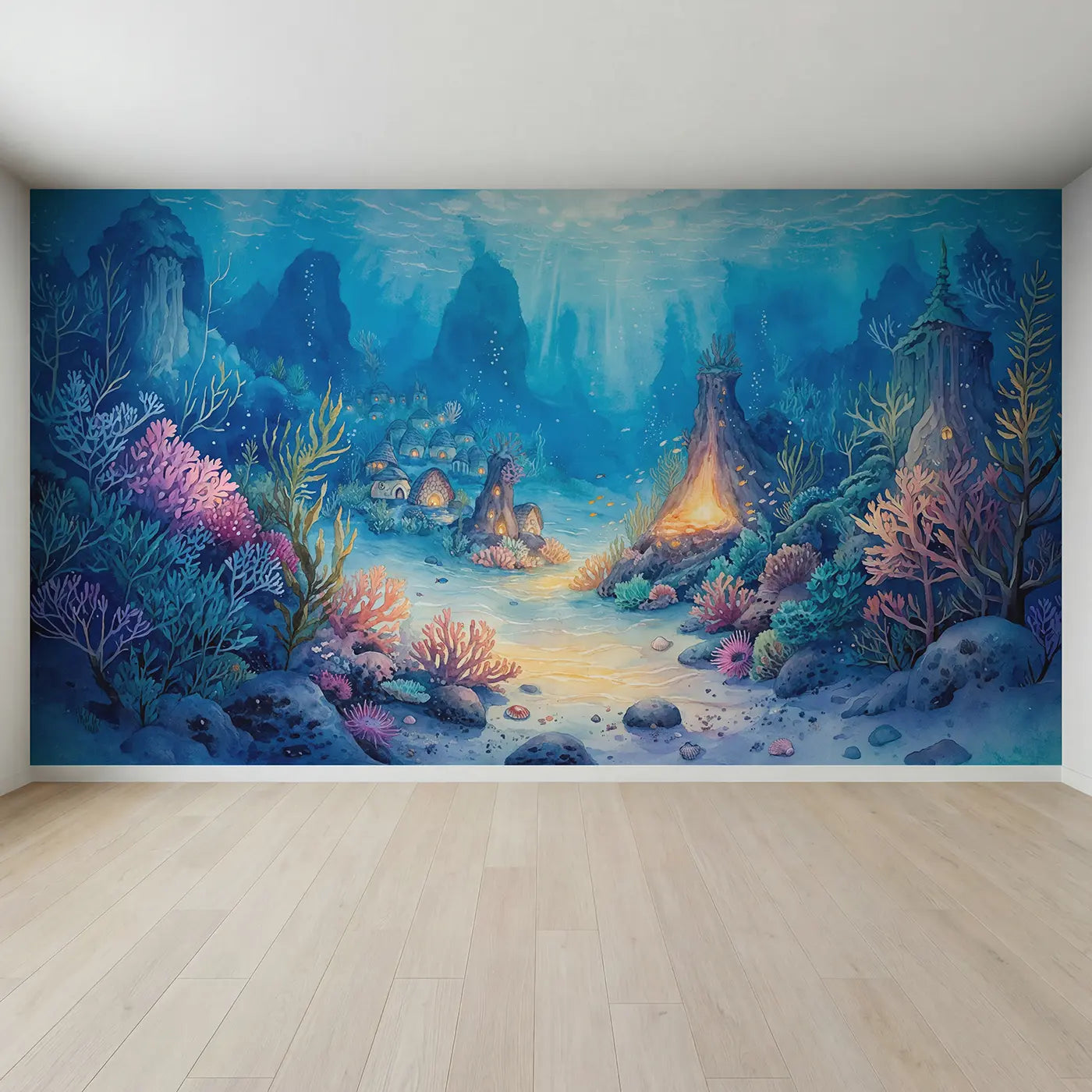 Full view of Underwater Volcano Mermaid Wallpaper Mural by Whimsy Tots