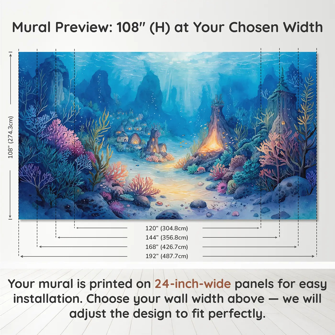 Panel layout and dimensions for Underwater Volcano Mermaid Wallpaper Mural by Whimsy Tots