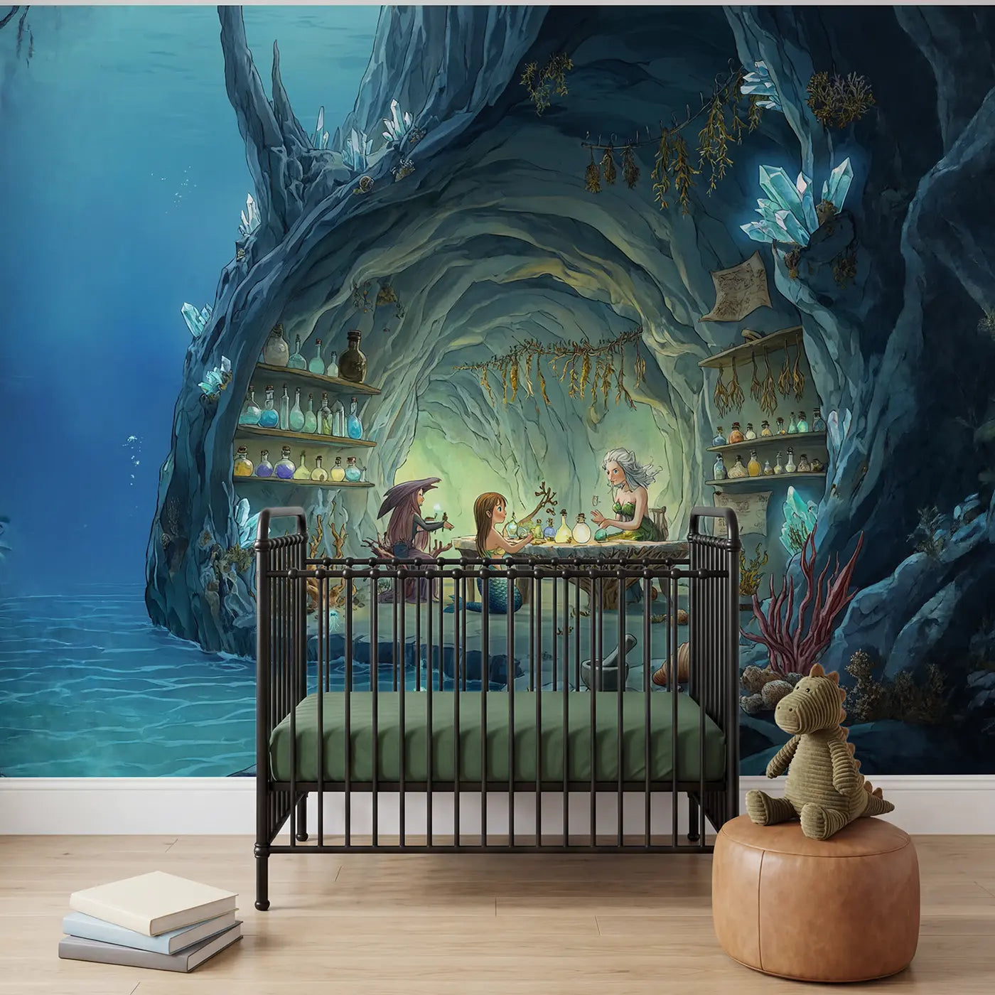 Botanical elegance mermaid and shell wallpaper mural for boys room by Whimsy Tots