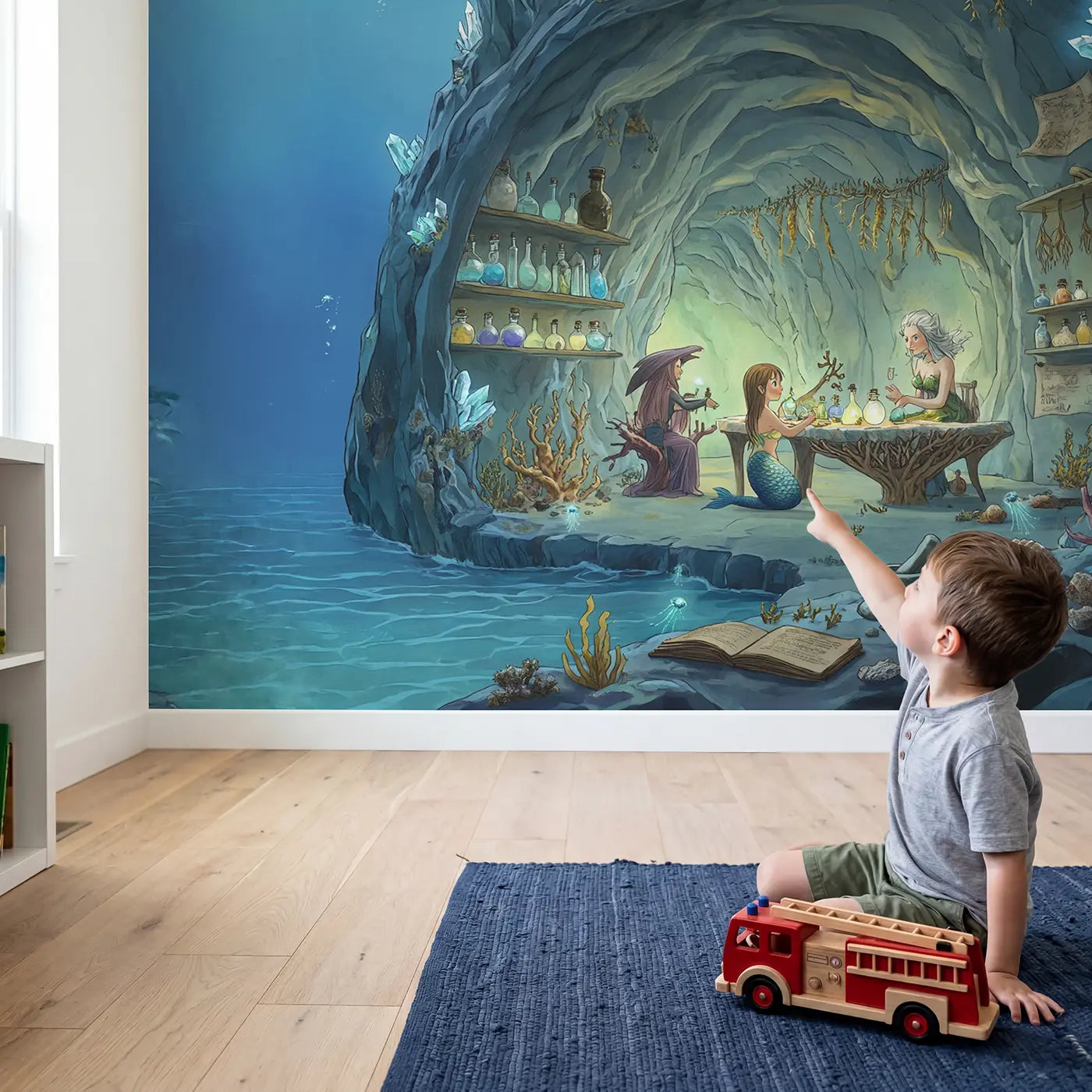 Child in nursery with Mermaid Potion Cave Lesson Wallpaper Mural by Whimsy Tots