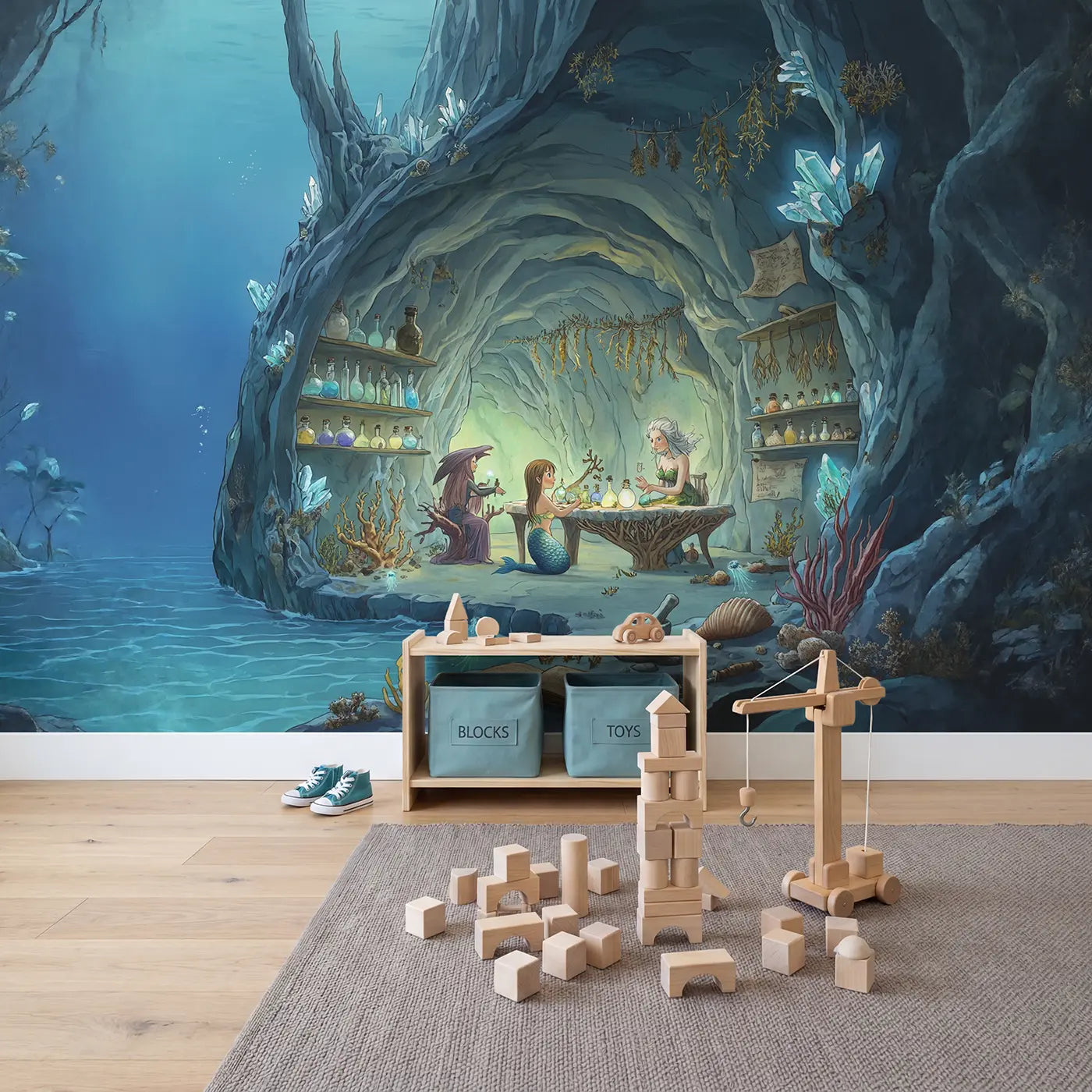 Mermaid Potion Cave Lesson Wallpaper Mural in playroom setting by Whimsy Tots