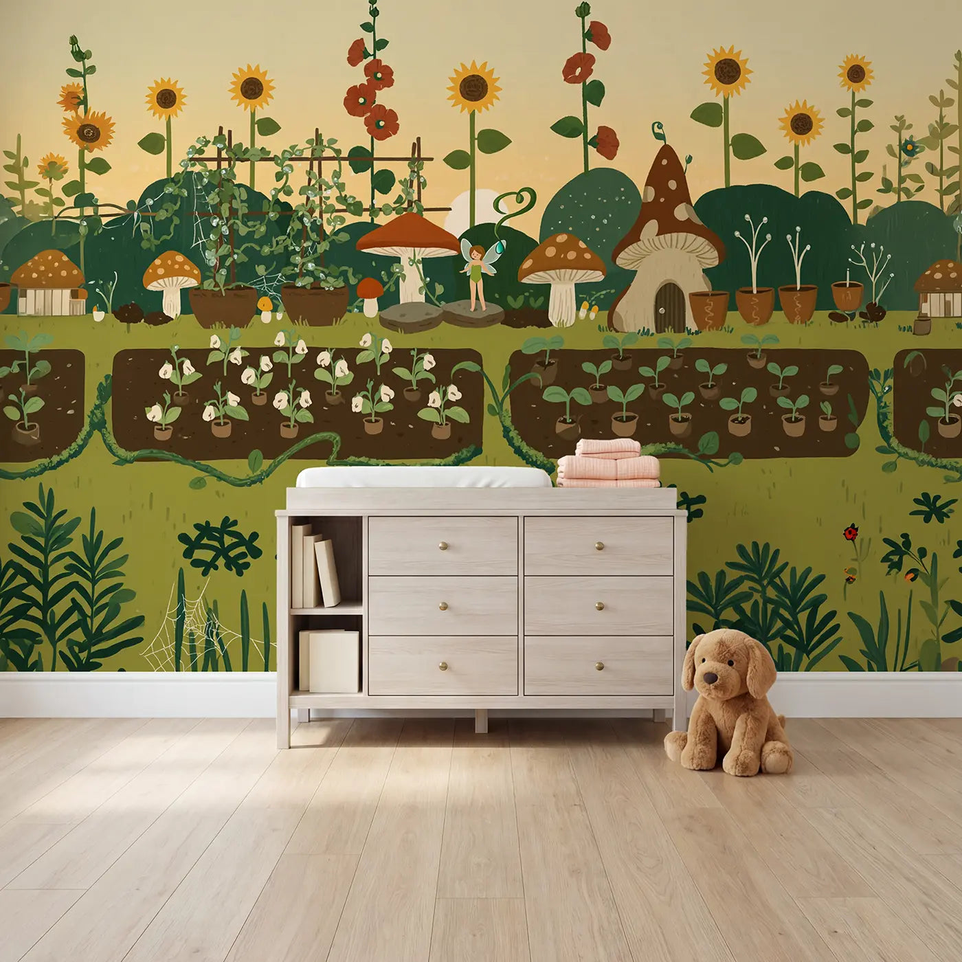 Modern illustration fairy garden morning dew wallpaper mural for girls nursery by Whimsy Tots