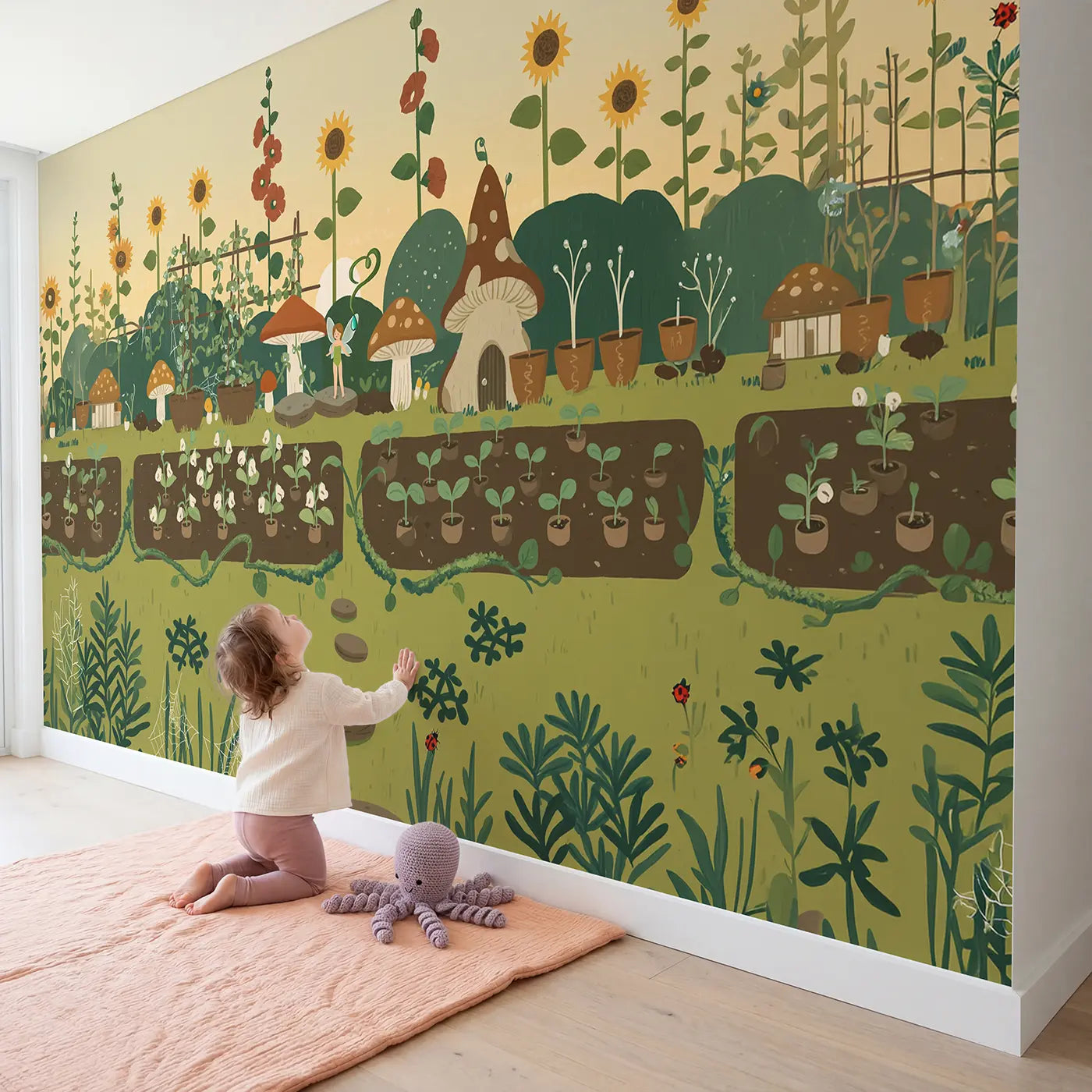 Child in nursery with Morning Fairy Garden Wallpaper Mural by Whimsy Tots