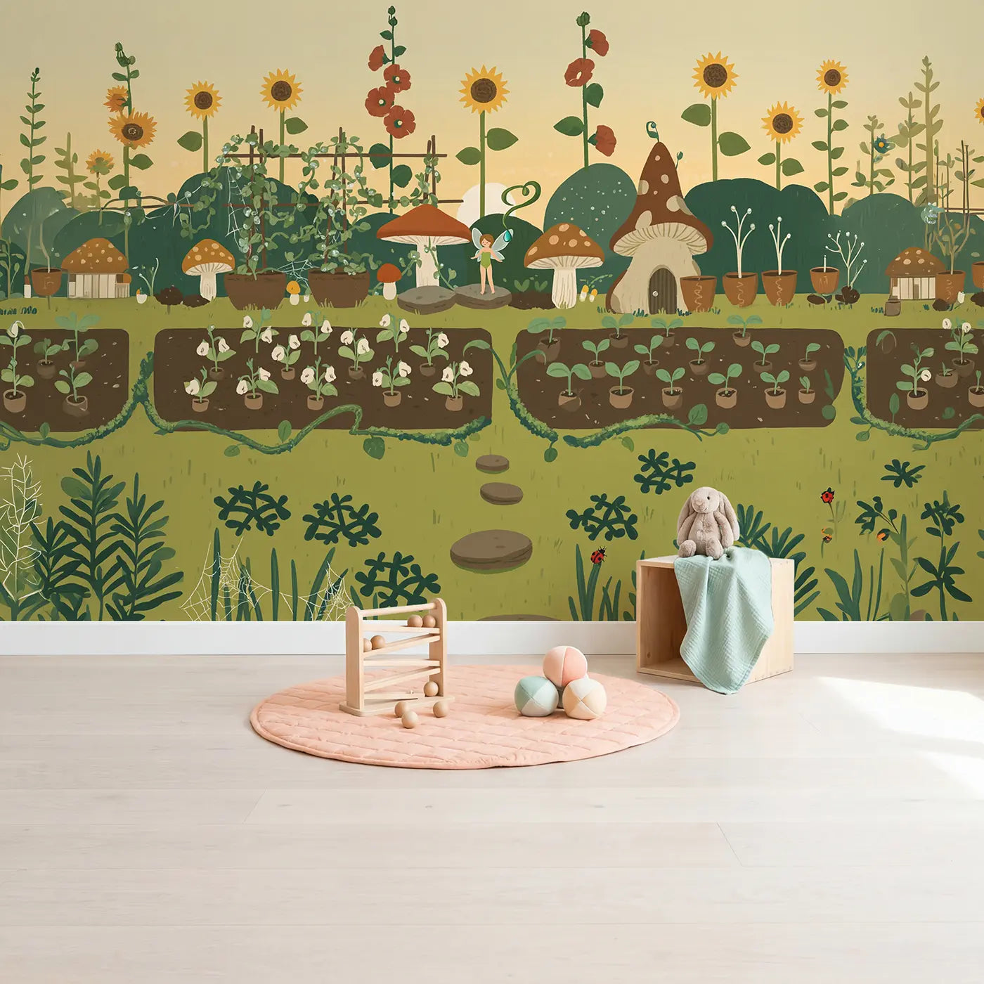 Morning Fairy Garden Wallpaper Mural in playroom setting by Whimsy Tots