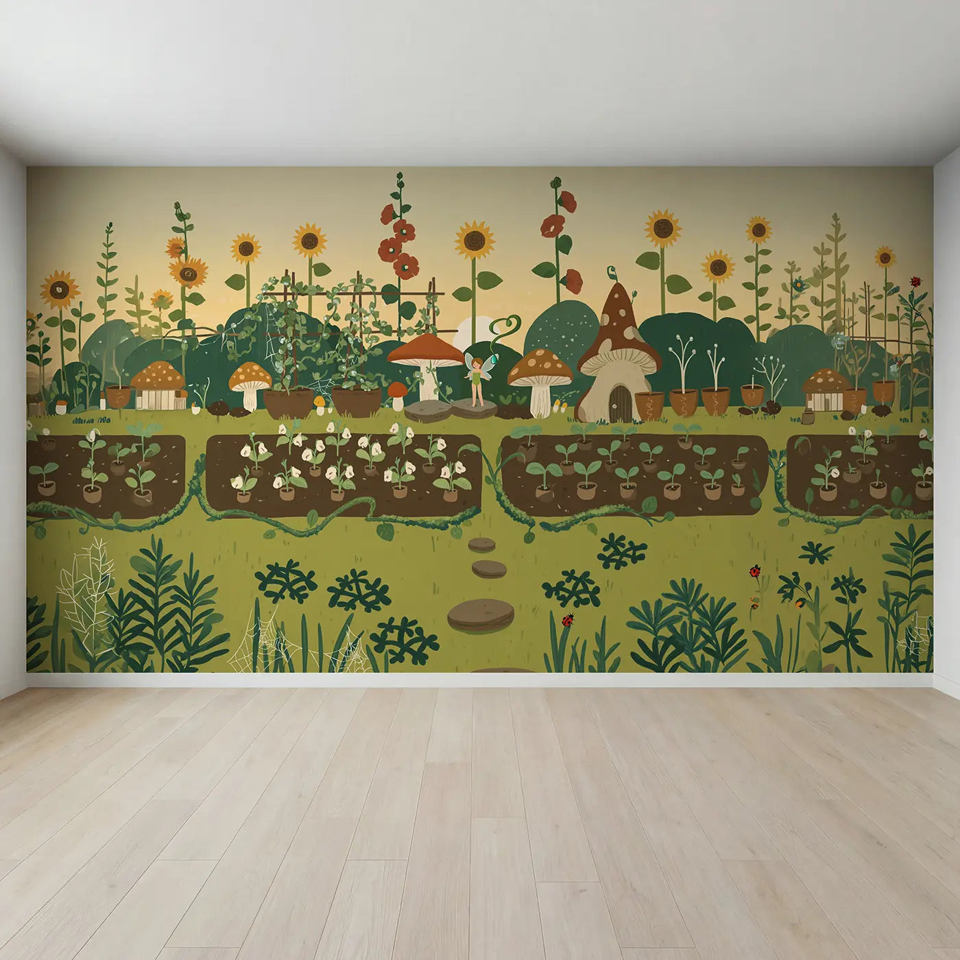 Full view of Morning Fairy Garden Wallpaper Mural by Whimsy Tots