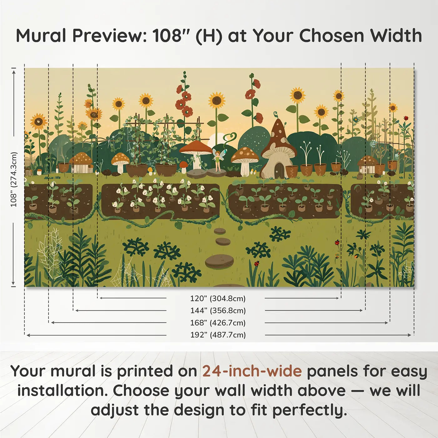 Panel layout and dimensions for Morning Fairy Garden Wallpaper Mural by Whimsy Tots
