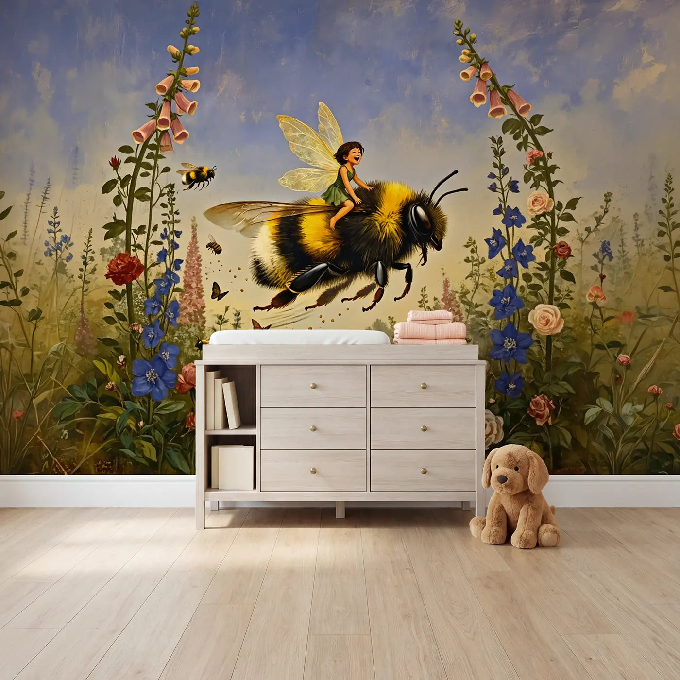 Painted landscape fairy fantasy wallpaper mural for kids room by Whimsy Tots