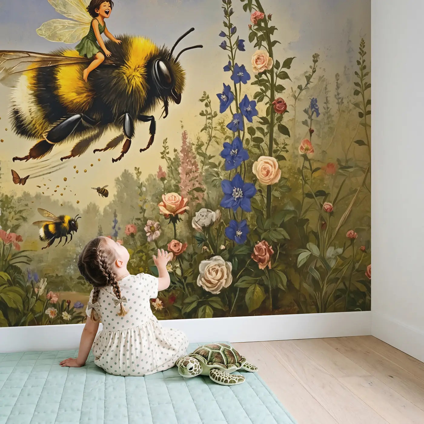 Child in nursery with Bumblebee Rider Fairy Wallpaper Mural by Whimsy Tots