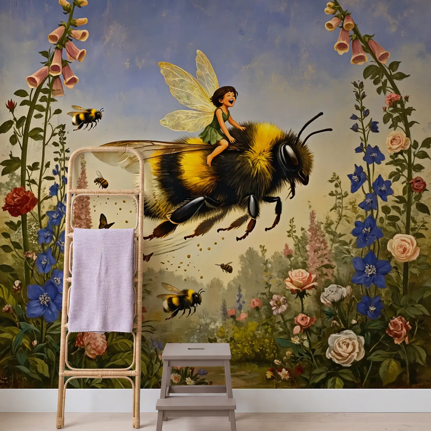 Bumblebee Rider Fairy Wallpaper Mural in playroom setting by Whimsy Tots