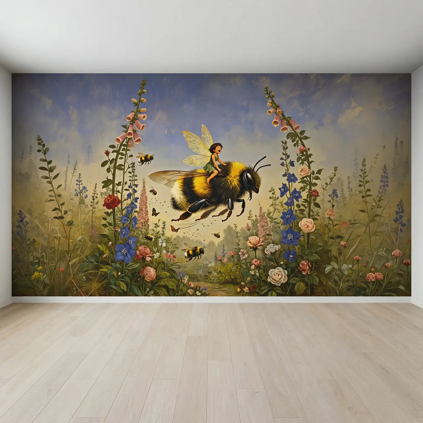 Full view of Bumblebee Rider Fairy Wallpaper Mural by Whimsy Tots