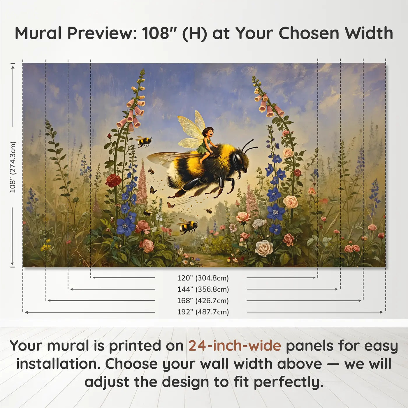 Panel layout and dimensions for Bumblebee Rider Fairy Wallpaper Mural by Whimsy Tots