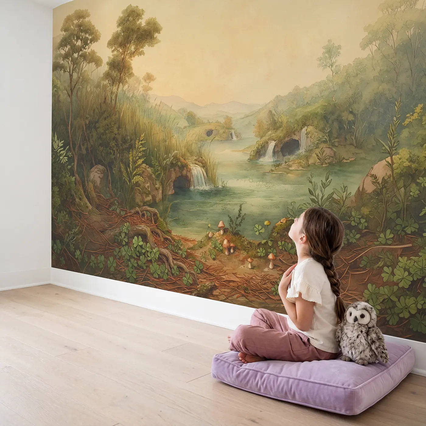 Child in nursery with Mermaid Lagoon Waterfall Caves Wallpaper Mural by Whimsy Tots