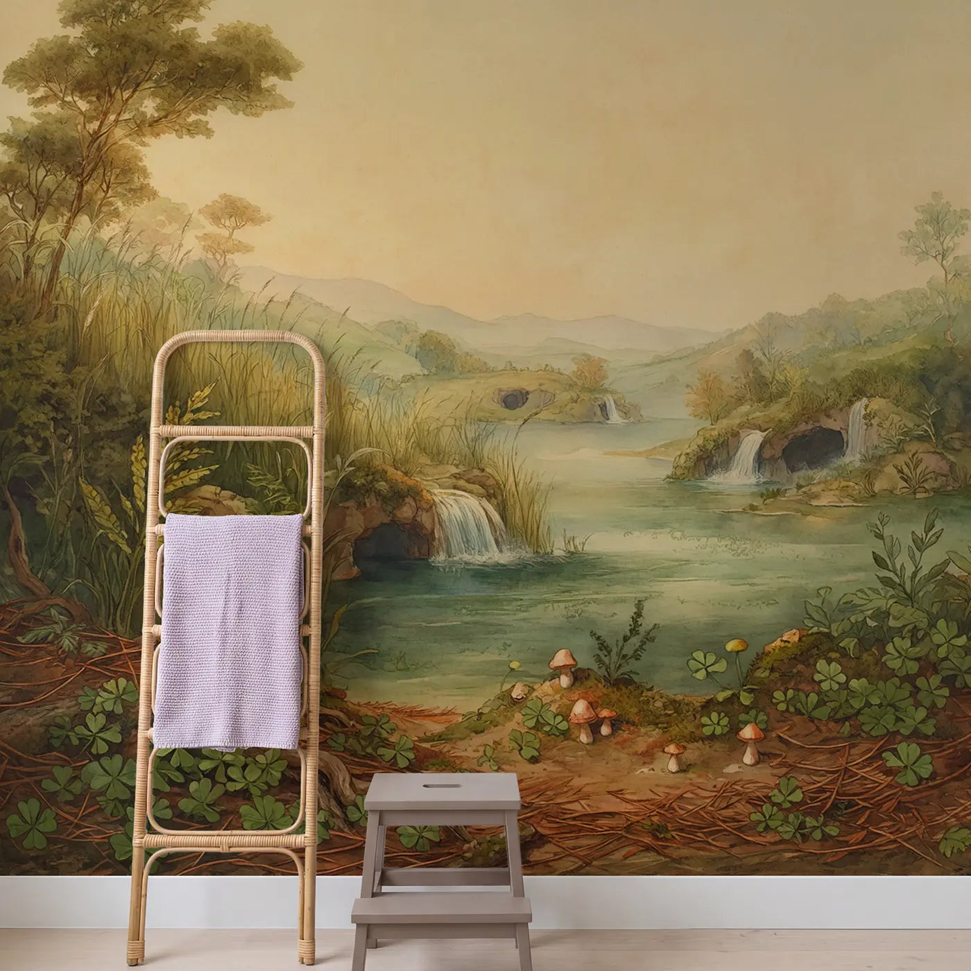 Mermaid Lagoon Waterfall Caves Wallpaper Mural in playroom setting by Whimsy Tots