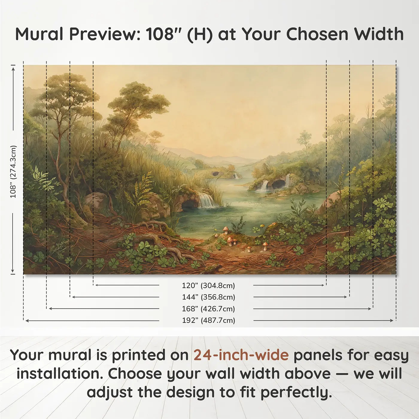 Panel layout and dimensions for Mermaid Lagoon Waterfall Caves Wallpaper Mural by Whimsy Tots