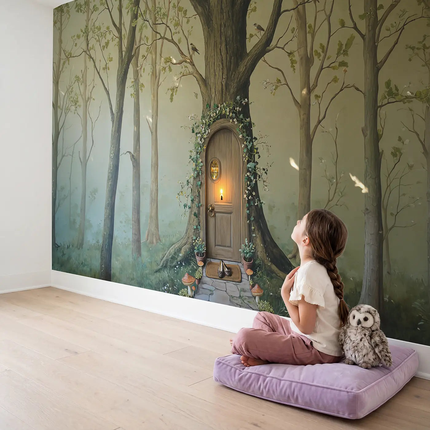 Child in nursery with Fairy Door Oak Tree Wallpaper Mural by Whimsy Tots