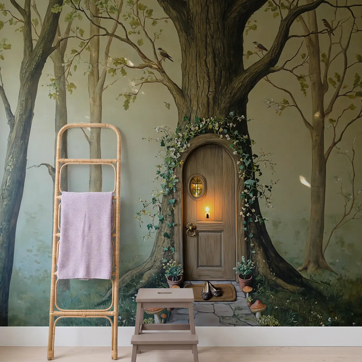 Fairy Door Oak Tree Wallpaper Mural in playroom setting by Whimsy Tots