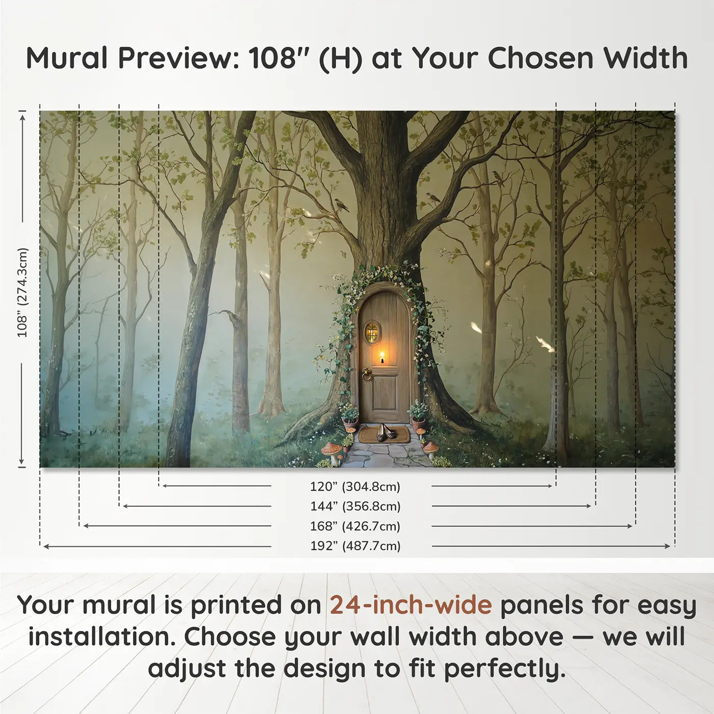 Panel layout and dimensions for Fairy Door Oak Tree Wallpaper Mural by Whimsy Tots