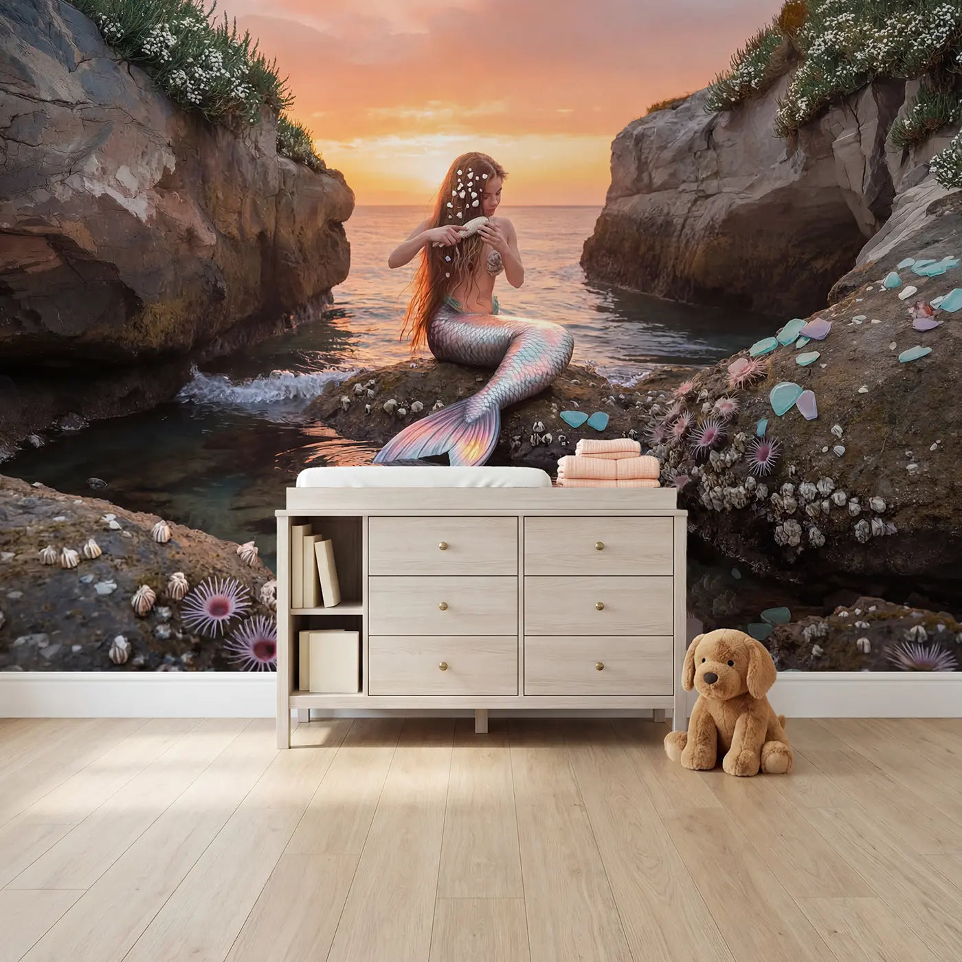 Soft pastel mermaid and shell wallpaper mural for girls room by Whimsy Tots