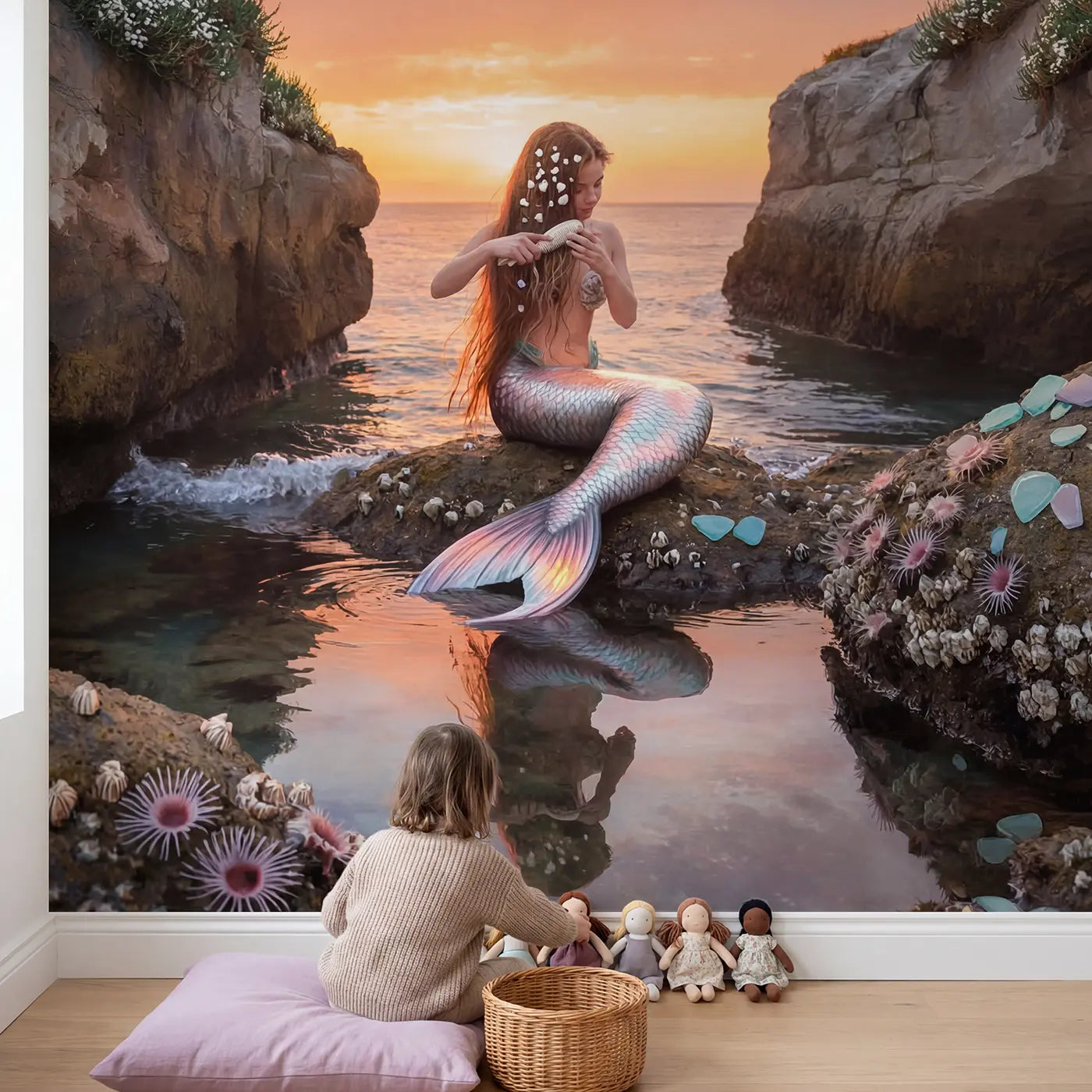 Child in nursery with Sunset Cove Mermaid Rock Wallpaper Mural by Whimsy Tots