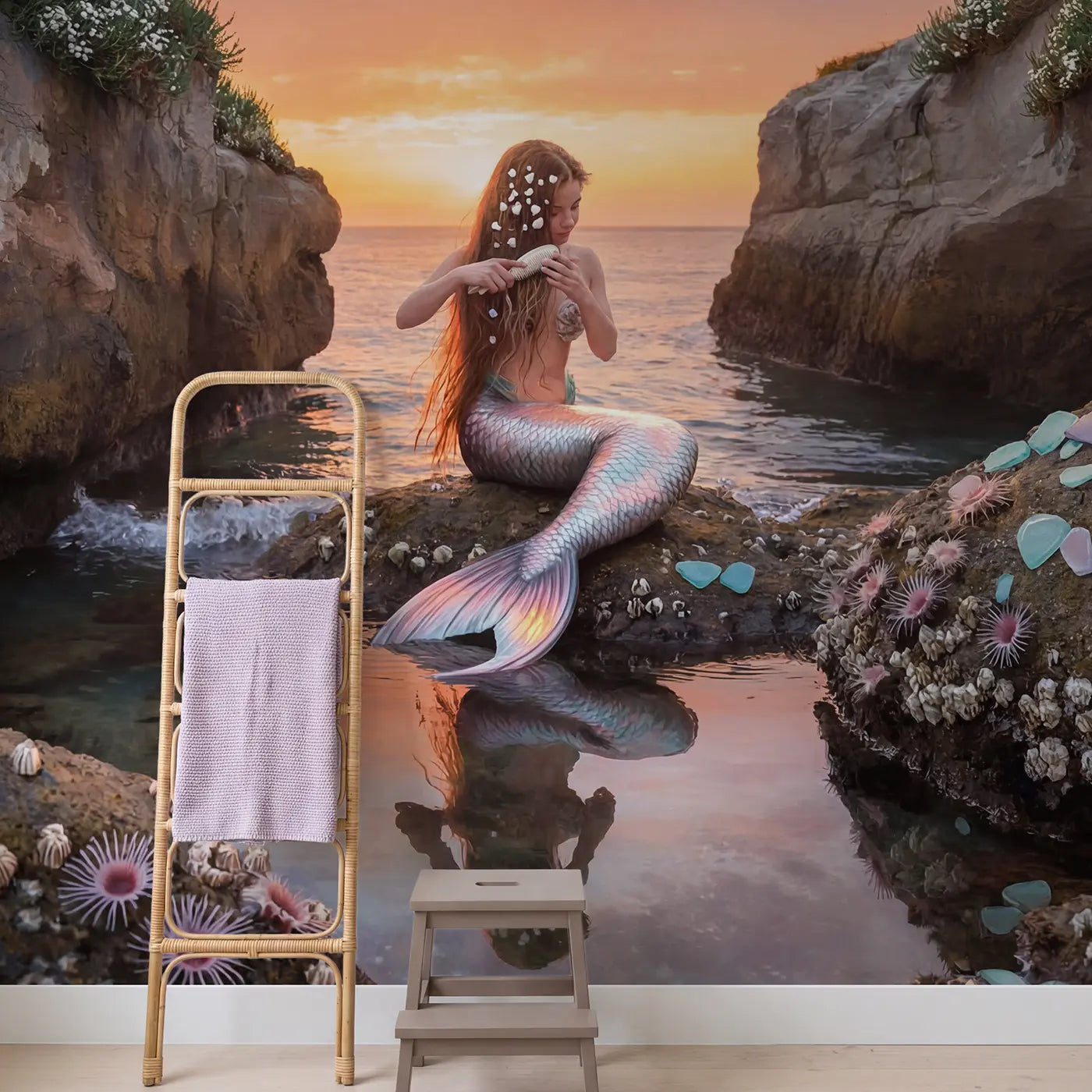 Sunset Cove Mermaid Rock Wallpaper Mural in playroom setting by Whimsy Tots