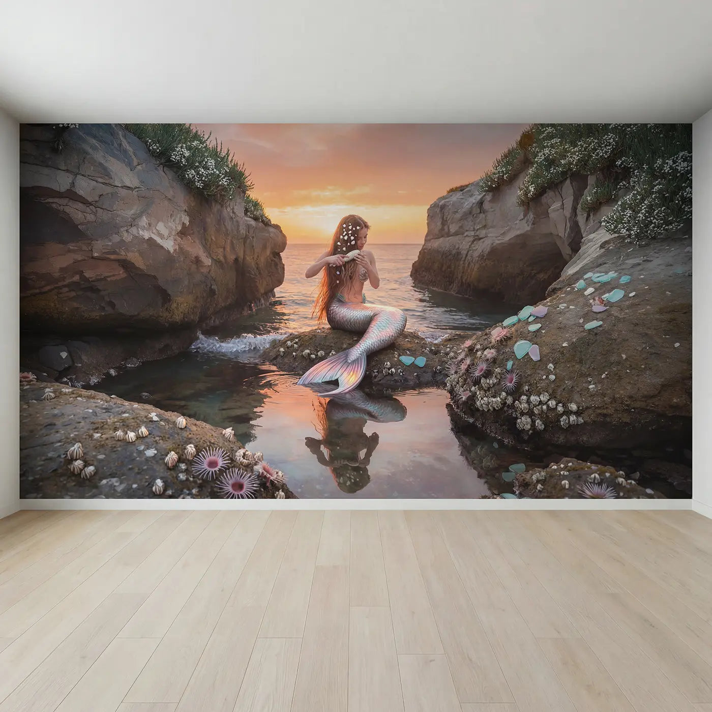 Full view of Sunset Cove Mermaid Rock Wallpaper Mural by Whimsy Tots