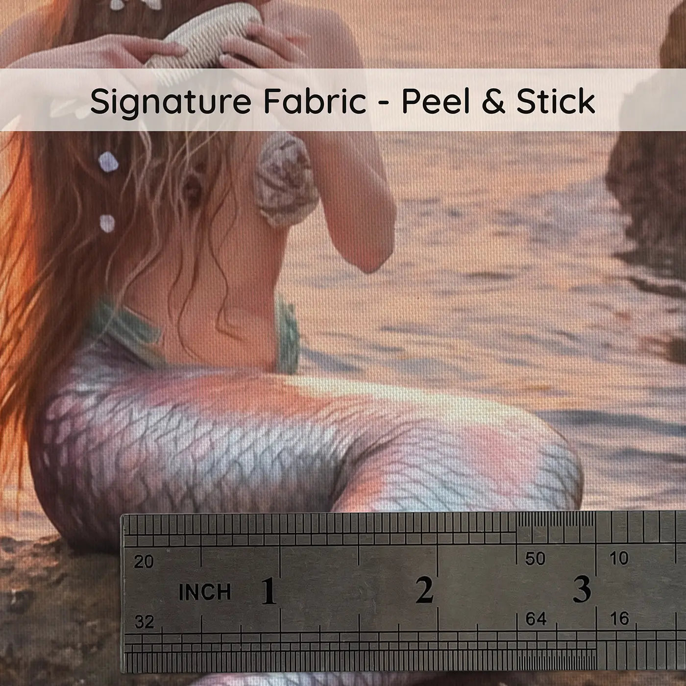 Fabric texture close-up of Sunset Cove Mermaid Rock Wallpaper Mural by Whimsy Tots