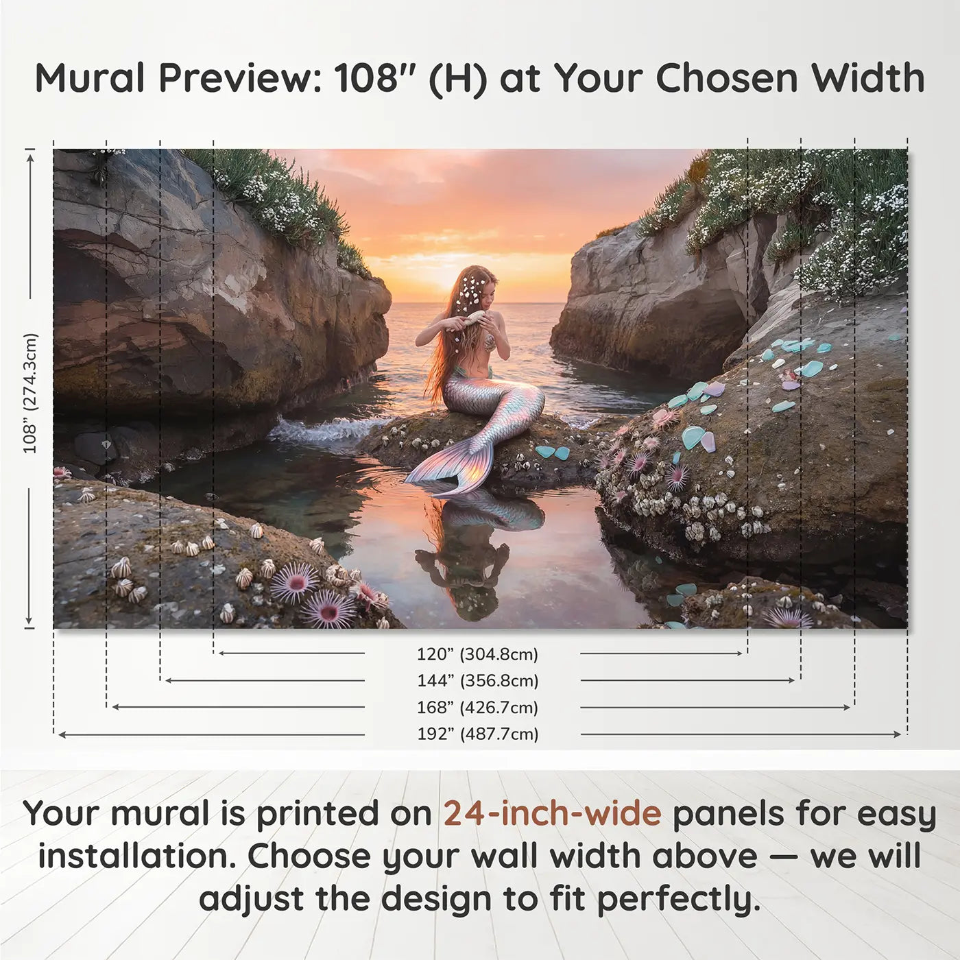 Panel layout and dimensions for Sunset Cove Mermaid Rock Wallpaper Mural by Whimsy Tots