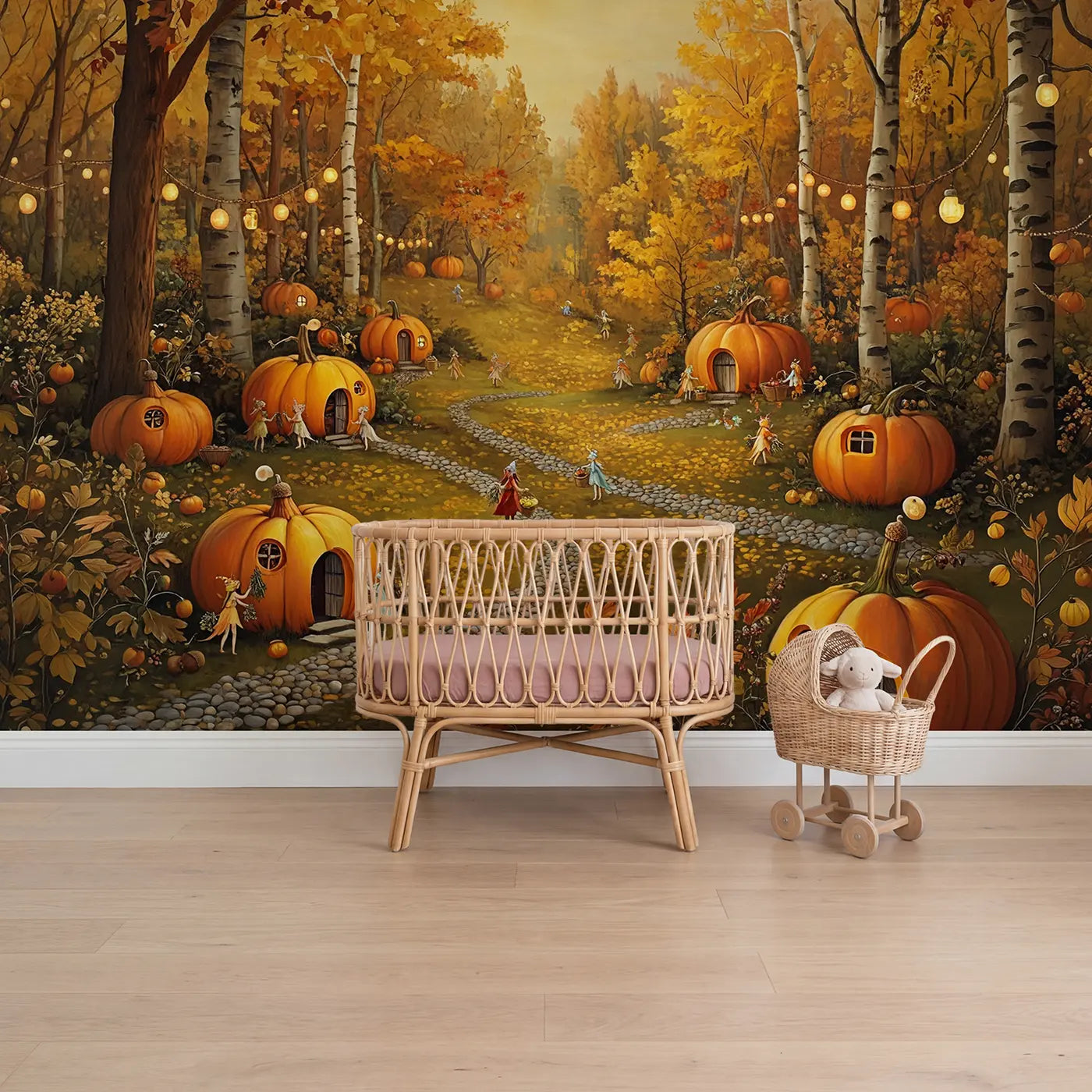 Botanical elegance fairy pumpkin village wallpaper mural for girls nursery by Whimsy Tots
