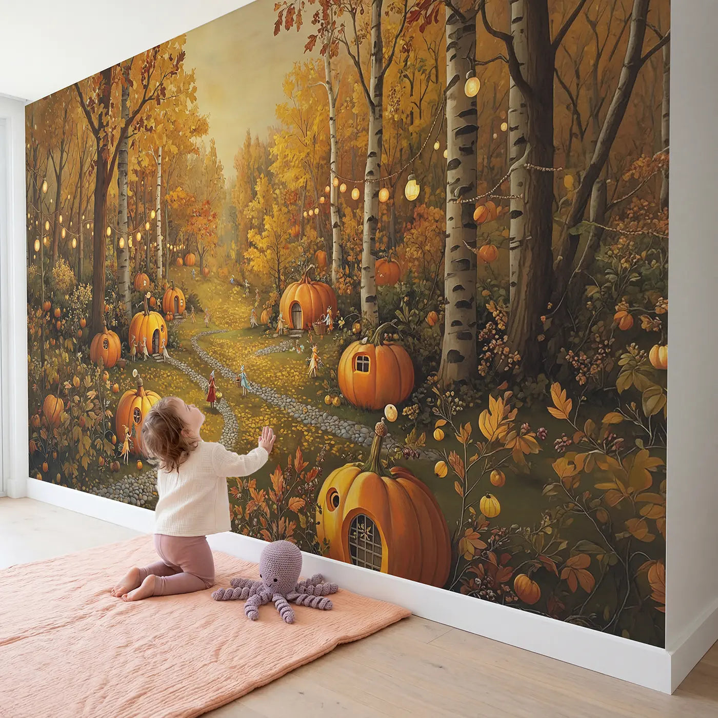 Child in nursery with Fairy Pumpkin Village Wallpaper Mural by Whimsy Tots