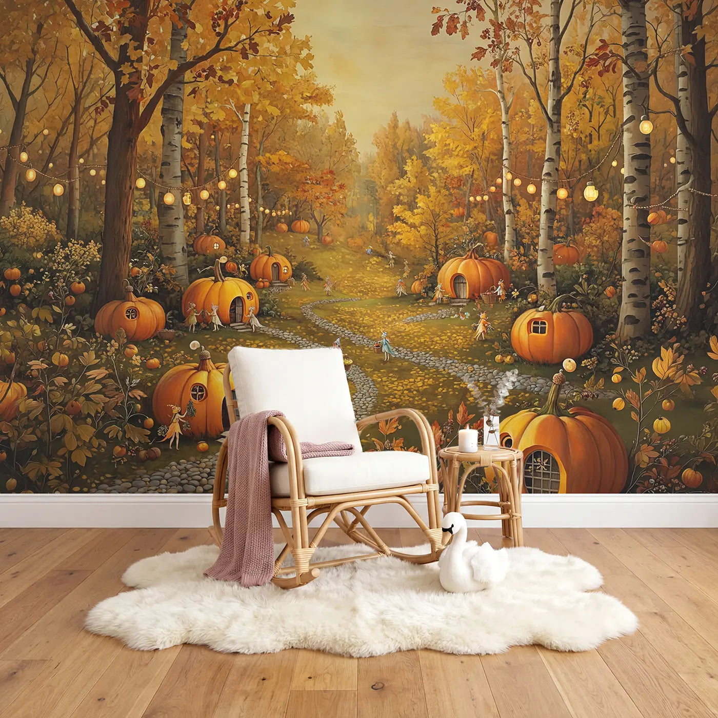 Fairy Pumpkin Village Wallpaper Mural in playroom setting by Whimsy Tots