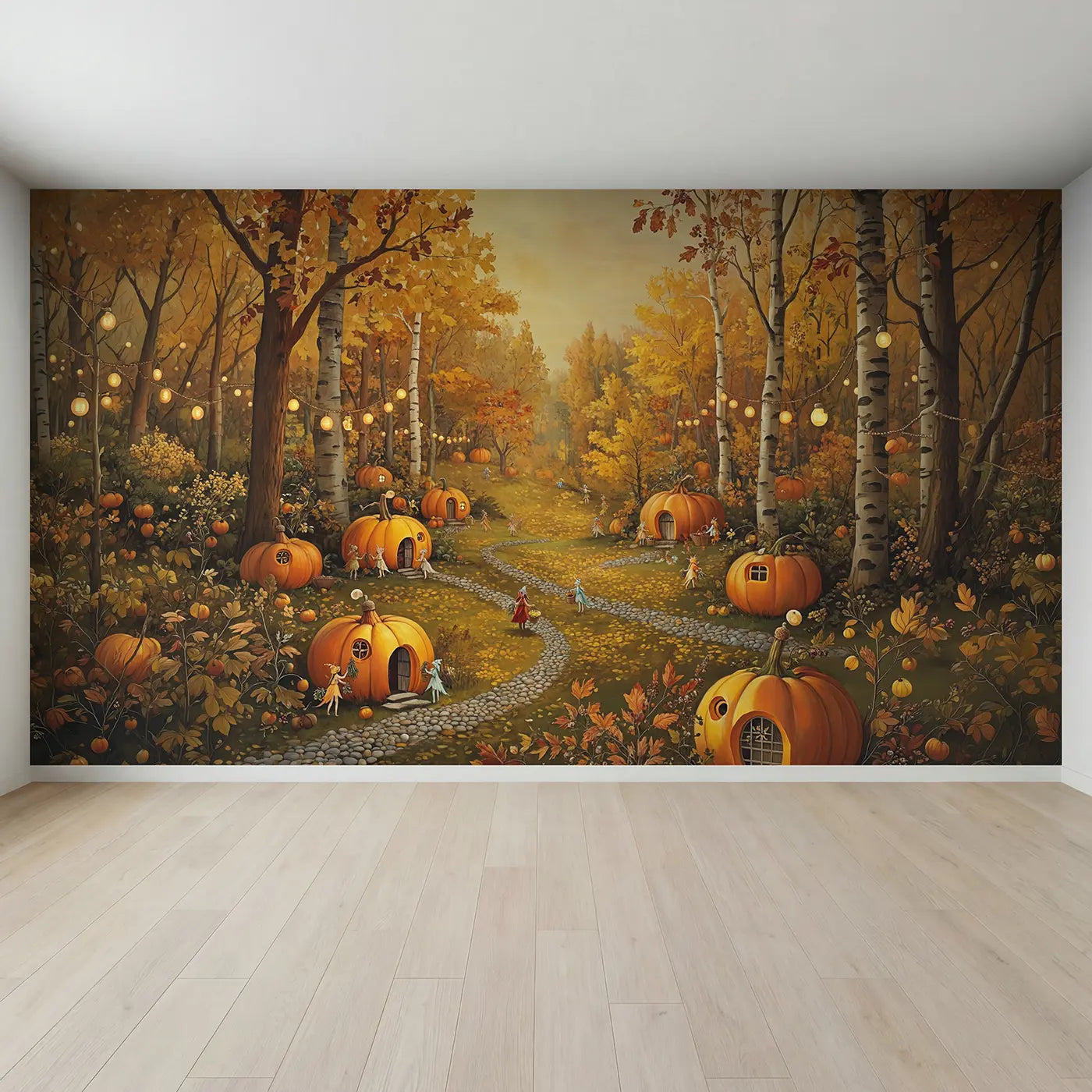 Full view of Fairy Pumpkin Village Wallpaper Mural by Whimsy Tots
