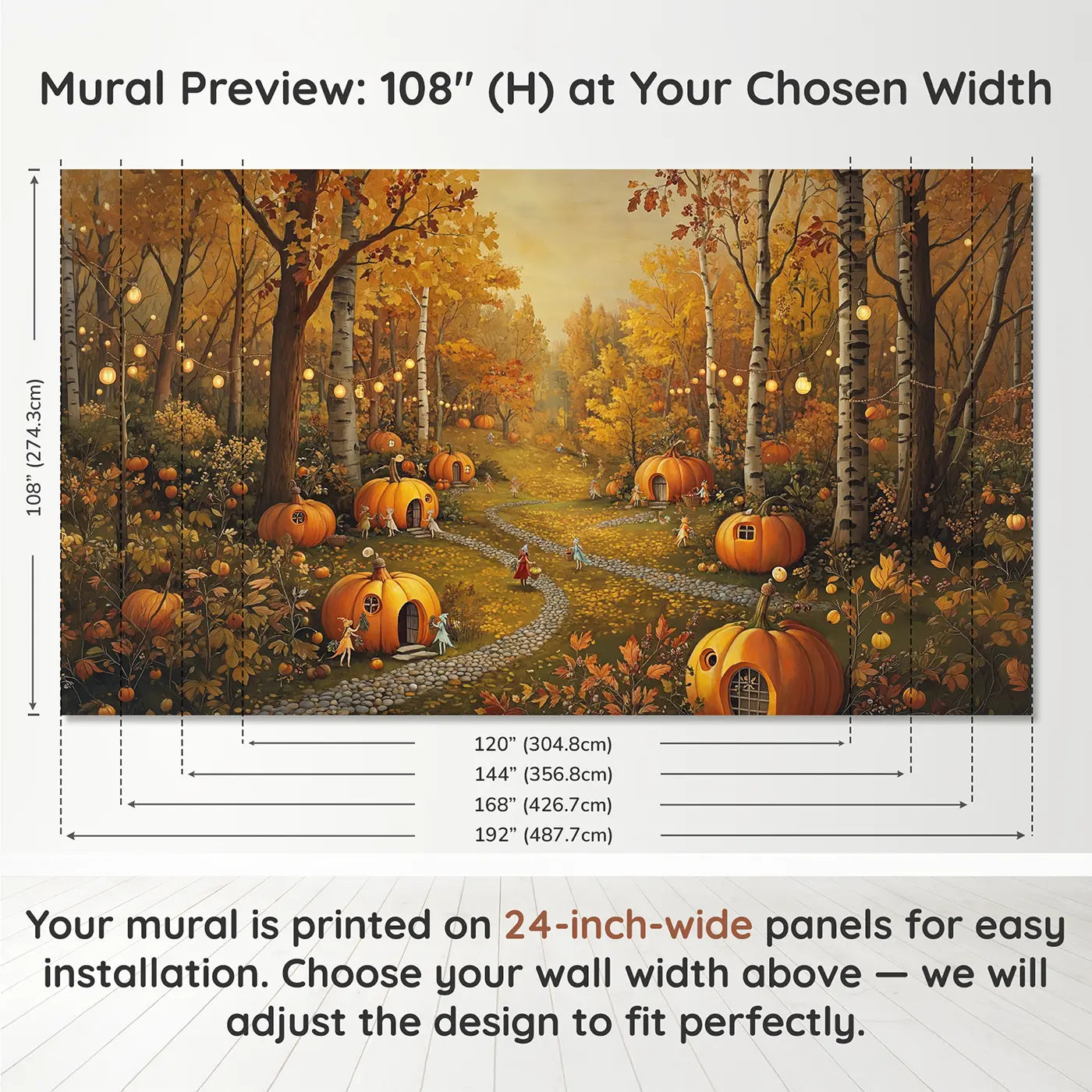 Panel layout and dimensions for Fairy Pumpkin Village Wallpaper Mural by Whimsy Tots