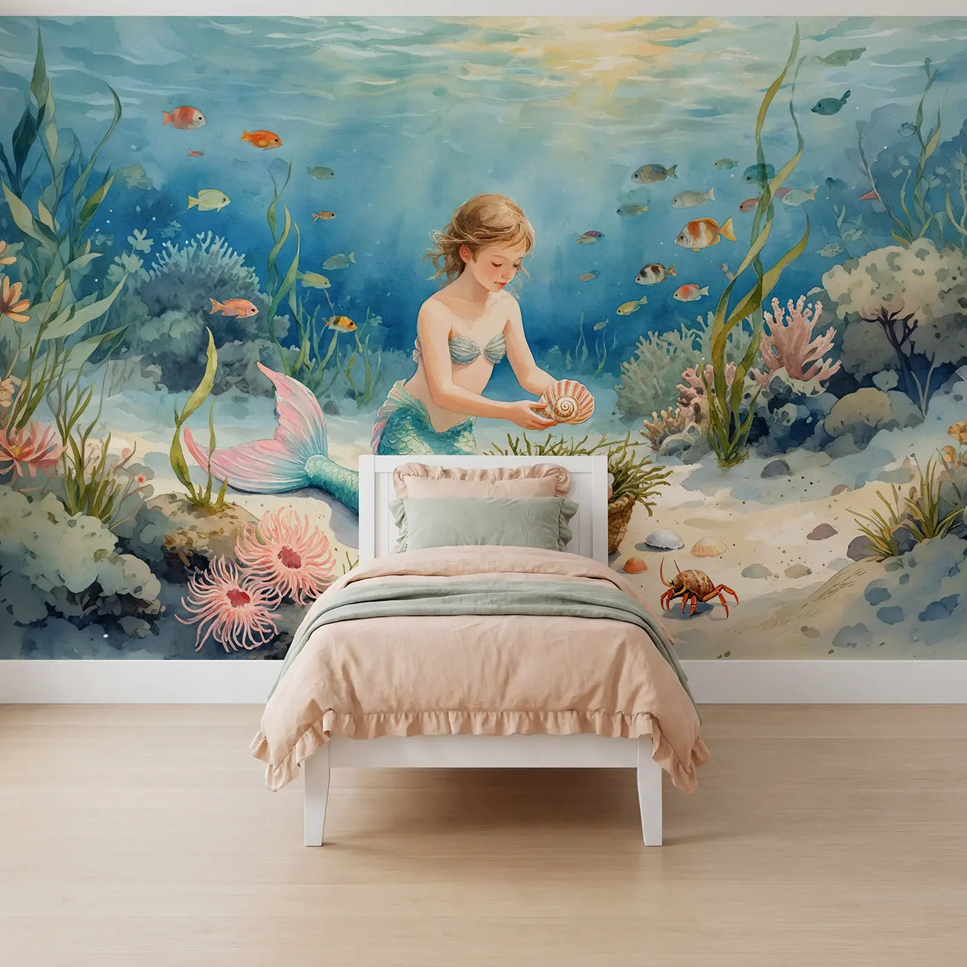 Watercolor mermaid fantasy wallpaper mural for kids room by Whimsy Tots