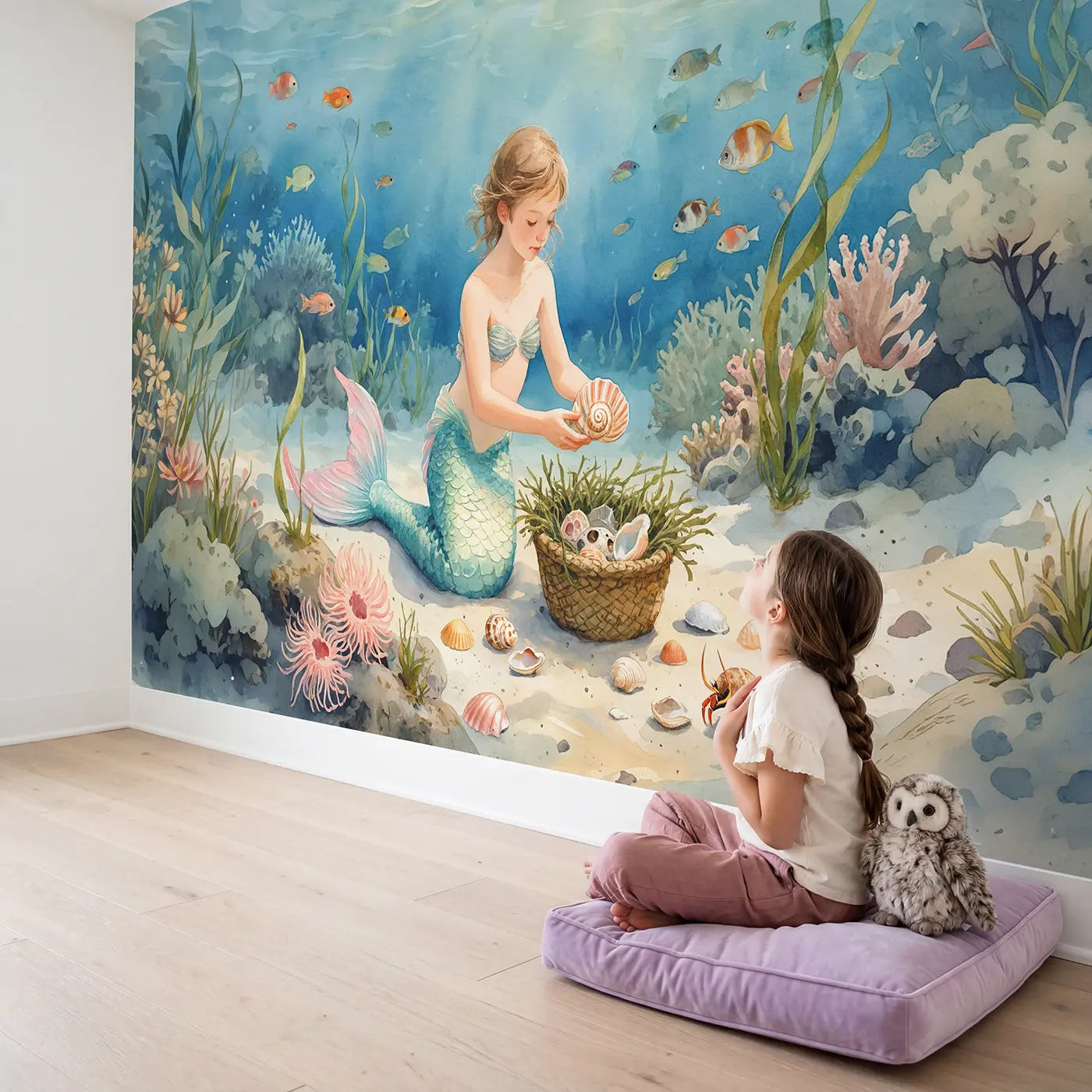 Child in nursery with Shell Collecting Mermaid Wallpaper Mural by Whimsy Tots